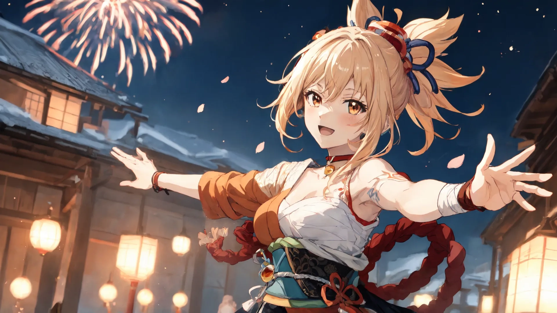 a painting of a woman standing in front of a building and fireworks and looking back at her arm outstretched out the other side of her body she is holding both
