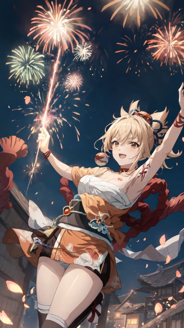 a woman holding some fireworks above her shoulder and a building in the background with paper birds and confettirs flying around her and a sword
