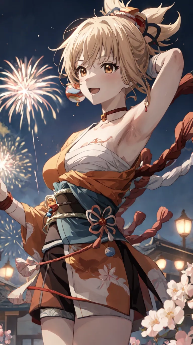 a woman in short skirt standing outside with fireworks behind her and another woman holding up her cell phone device behind her back grounded by flowers in the air
