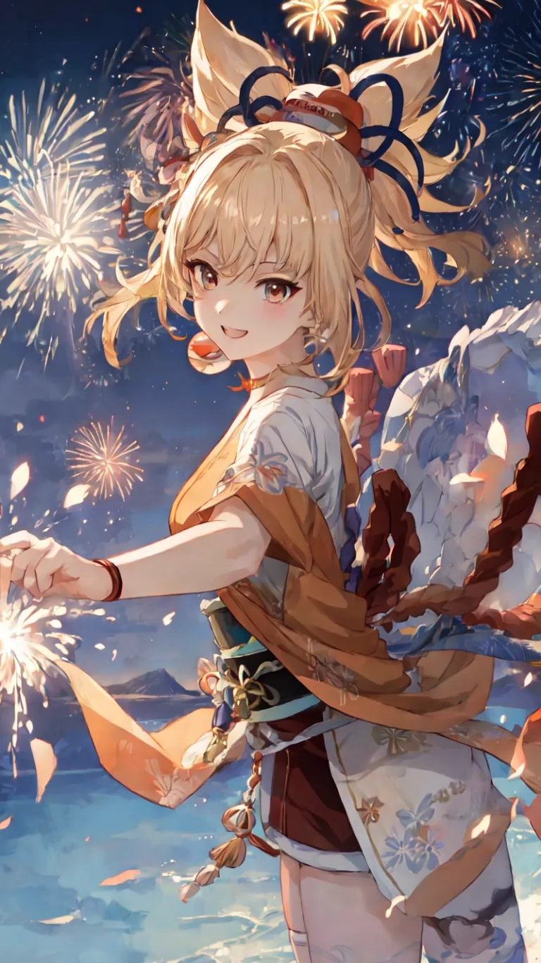 two women holding fireworks lights in a field of grass above a mountain range and water level the woman has white hair and ears as she is holding a fan
