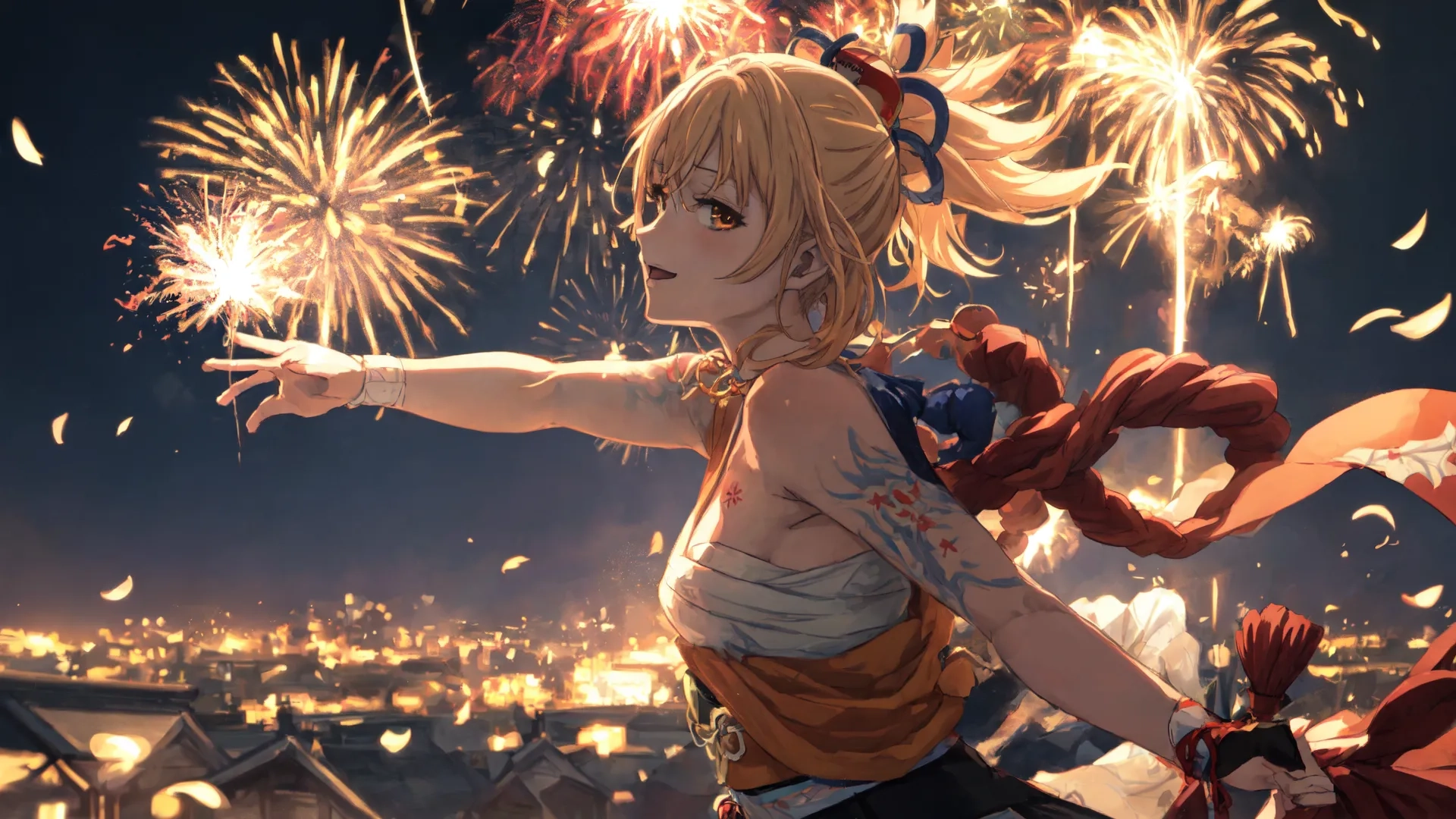 girls standing on the roof pointing fireworks into the sky at them and some onlookers in the background, with city lights overhead to the horizon
