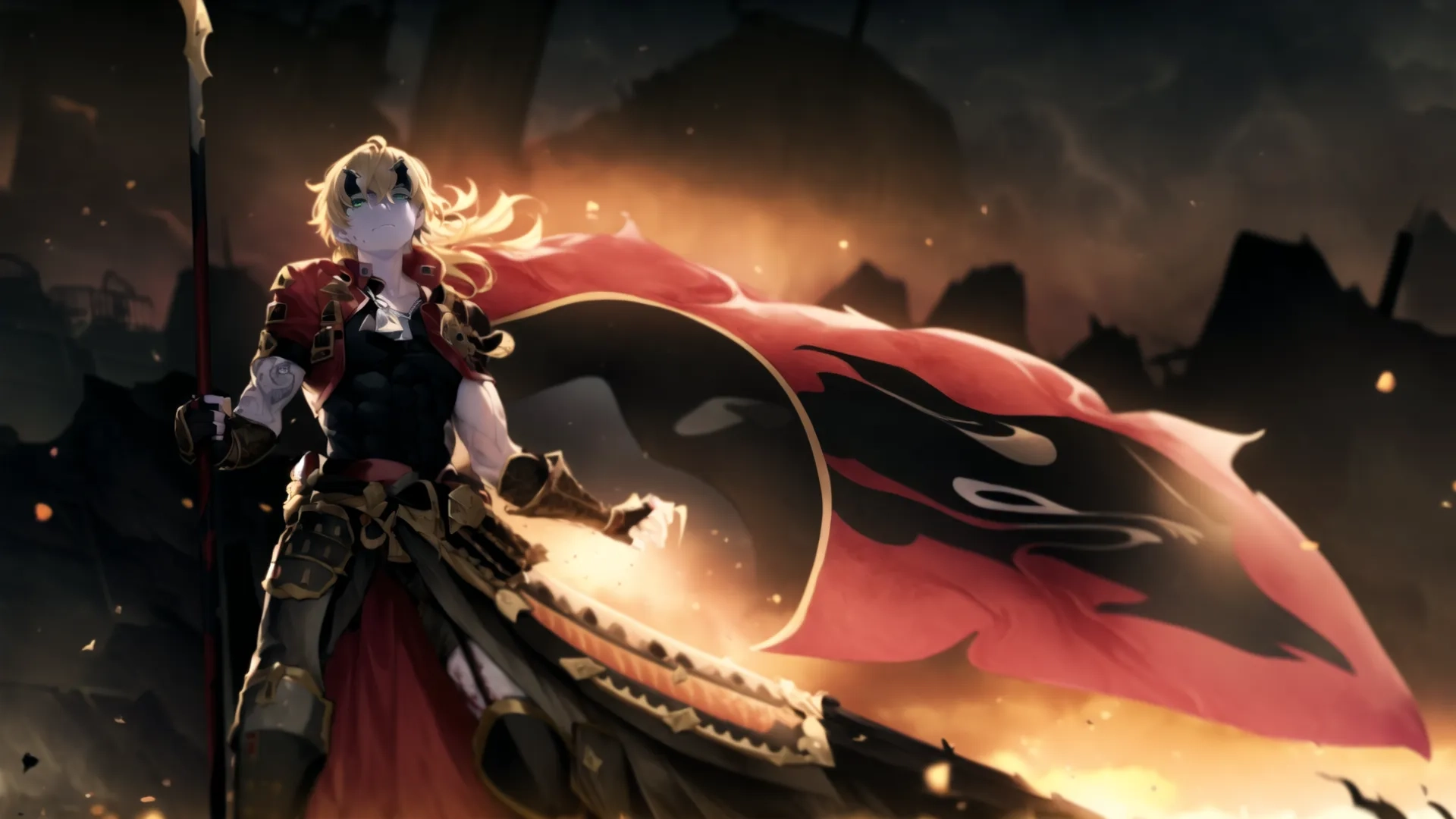 an anime princess dressed in black and red holding a sword with a skull on it next to a demonic area with burning trees and clouds and castle
