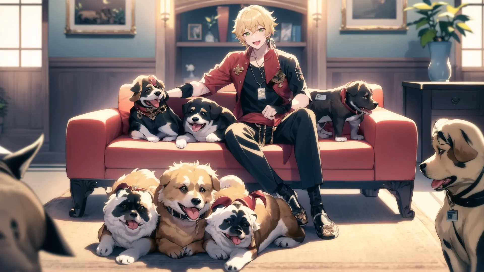 a person is sitting with seven dogs on a red couch that sits in front of them, and one dog standing behind a woman and two dogs,
