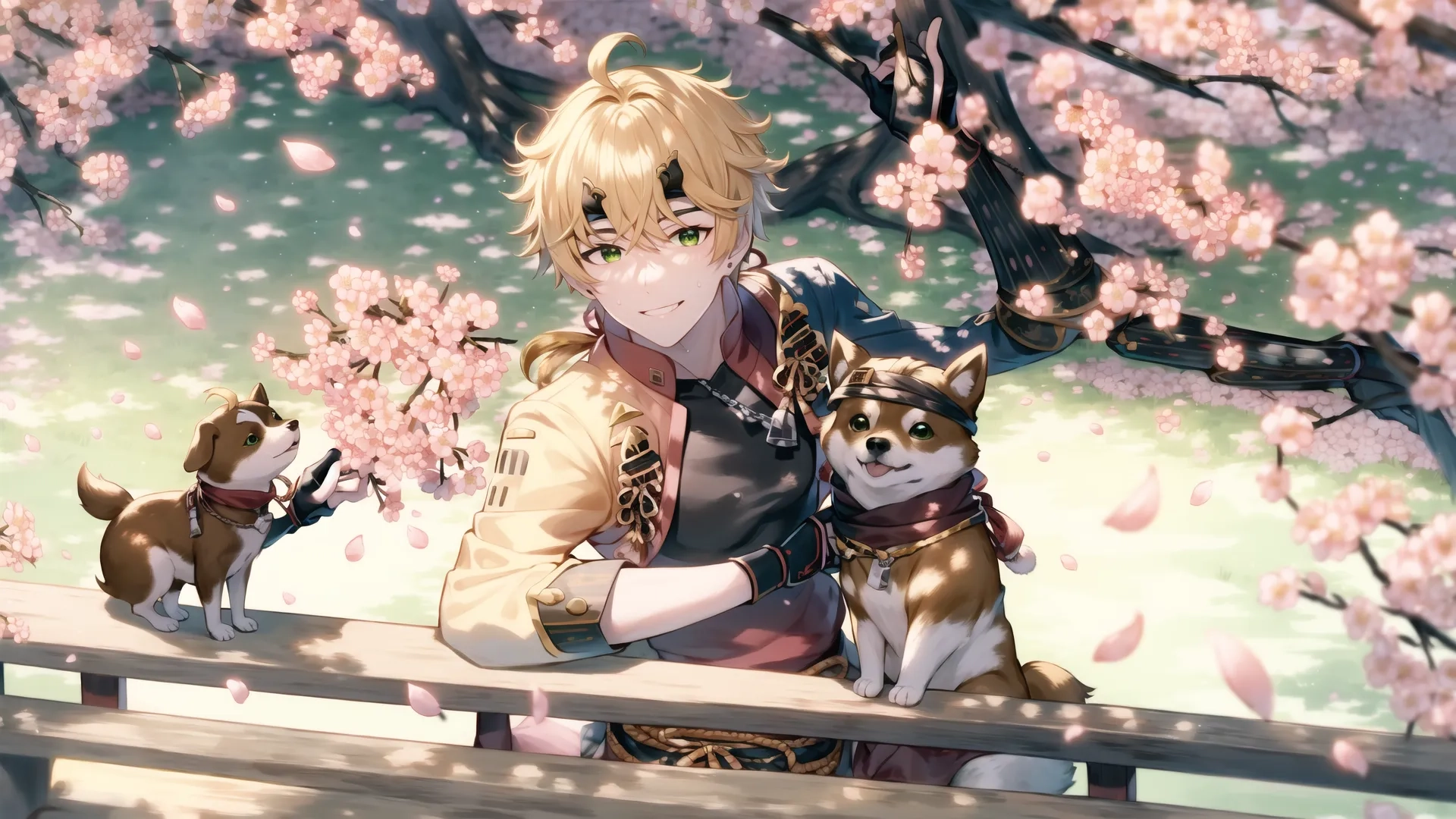 two pretty little cats sit on front of an anime boy laying on his back on a long bench with a guy holding his pet dog, also a kitten
