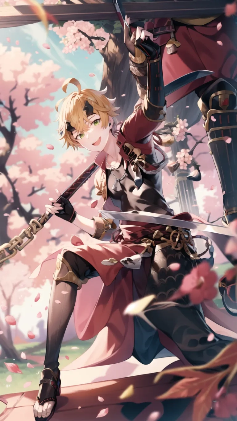 the woman with the sword has an awesome look on her face and body her arm is stretched wide out and there are colorful flowers floating behind her
