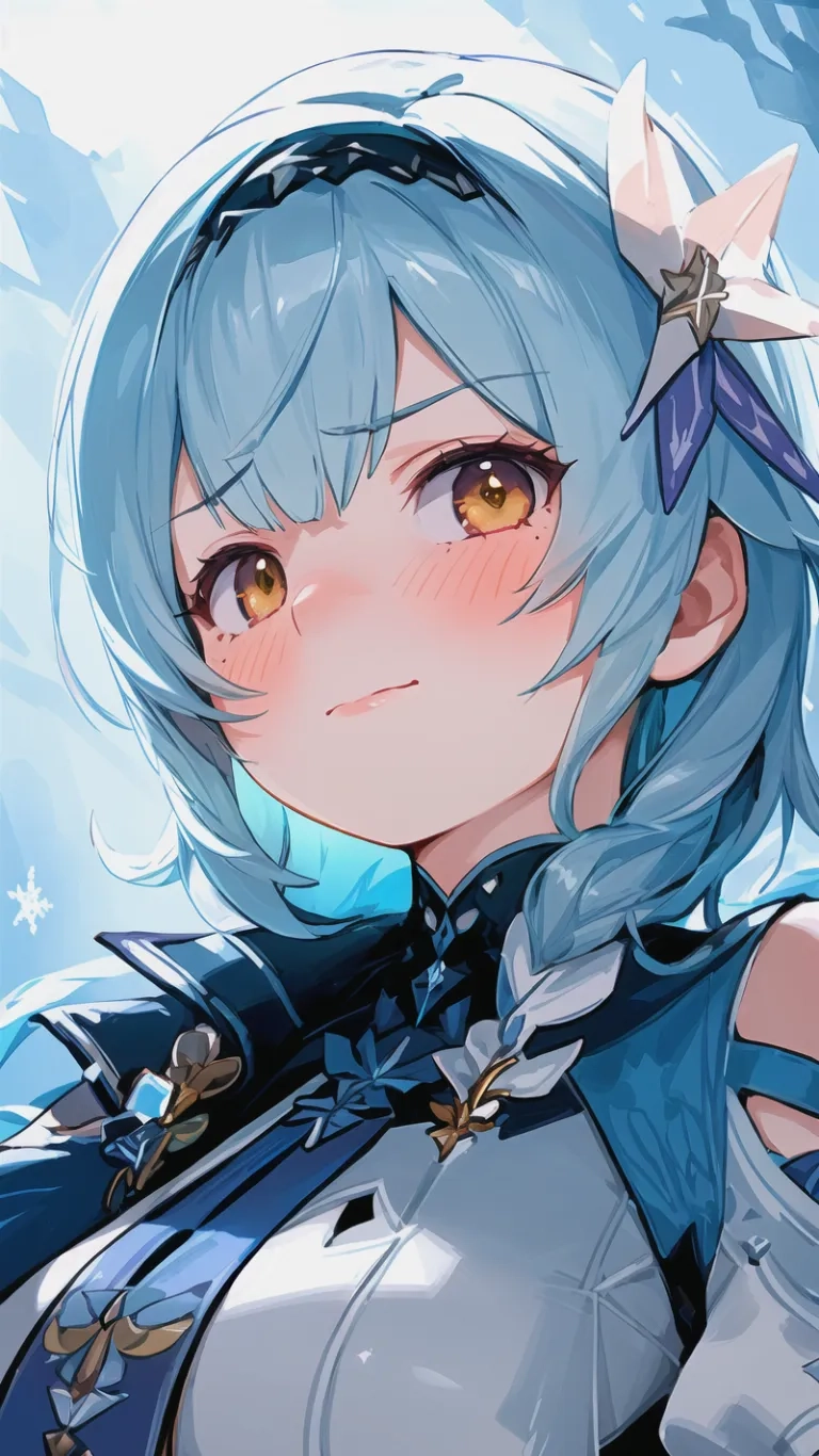 an animated image of a pretty girl with blue hair and big curls wearing a topknotch and silver uniform holding a large knife that is to her hand with the background
