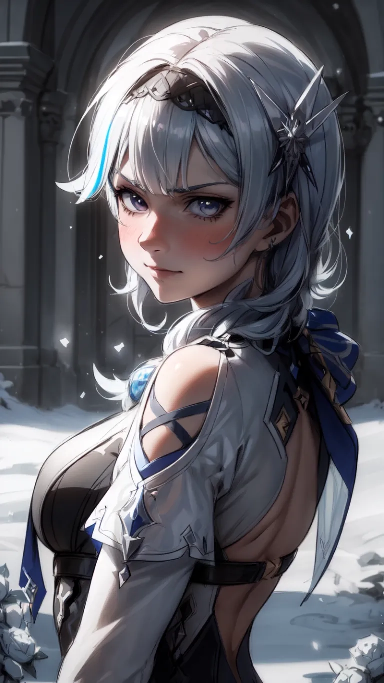 this cartoon has some blue eyes and a nice looking hair woman with very light grey hair and piercings on her ear standing in the snow covered face
