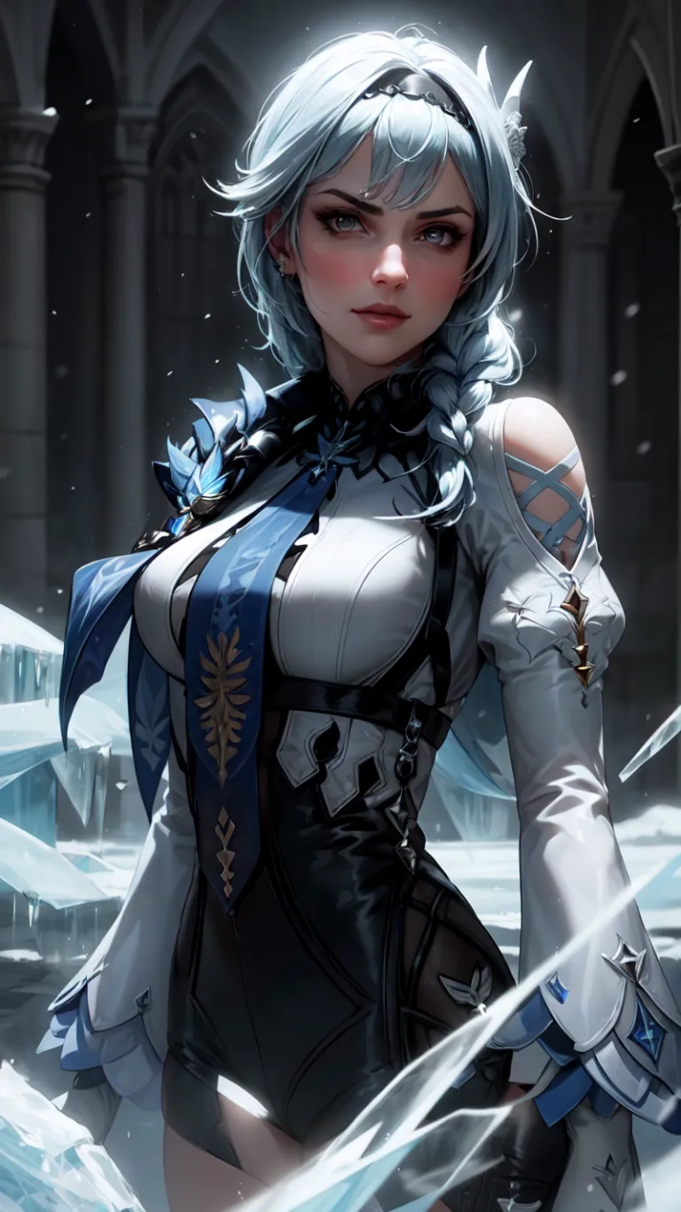 an anime character with light blue hair poses in front of fountain and ice crystals in snow, she's wearing a white top and holding swords and helmet
