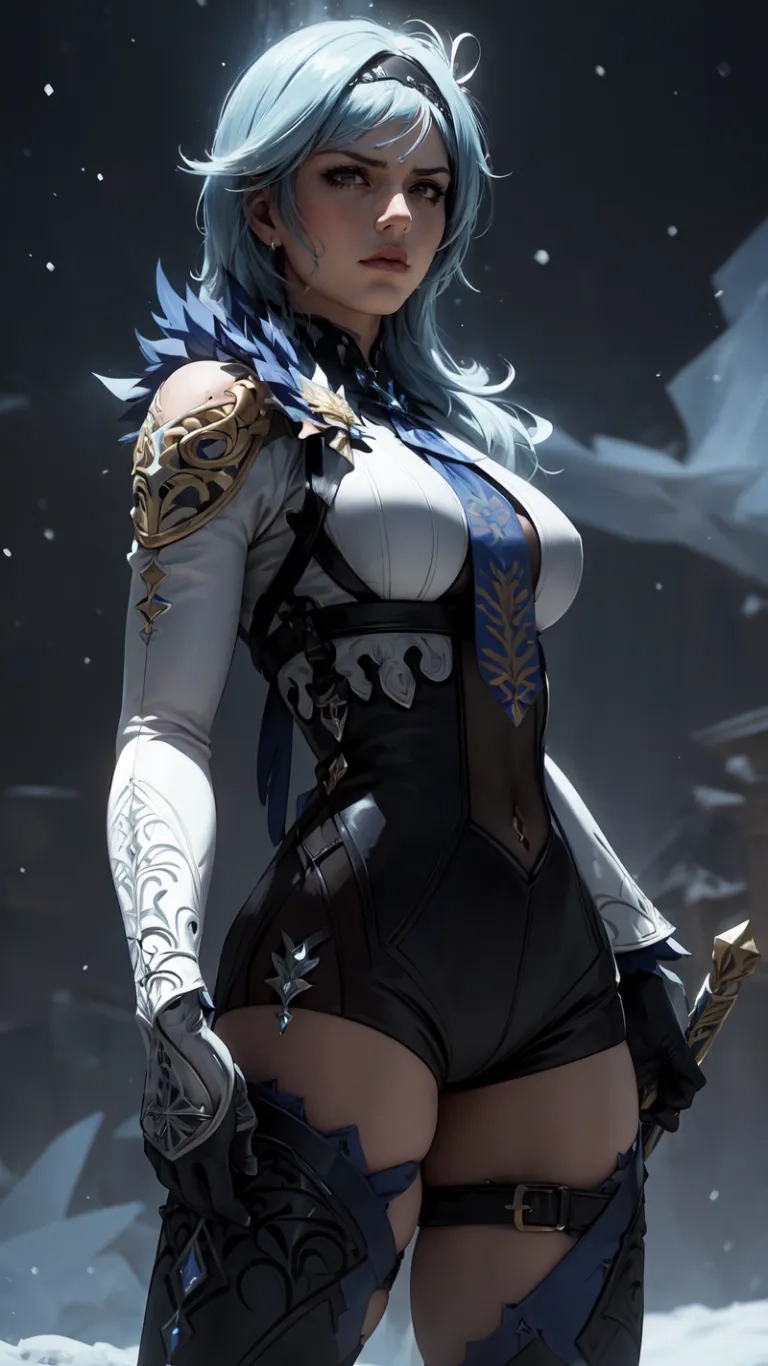 a sexy young lady standing in the snow with a sword and a helmet on her head is a character that portrays a game or something that's
