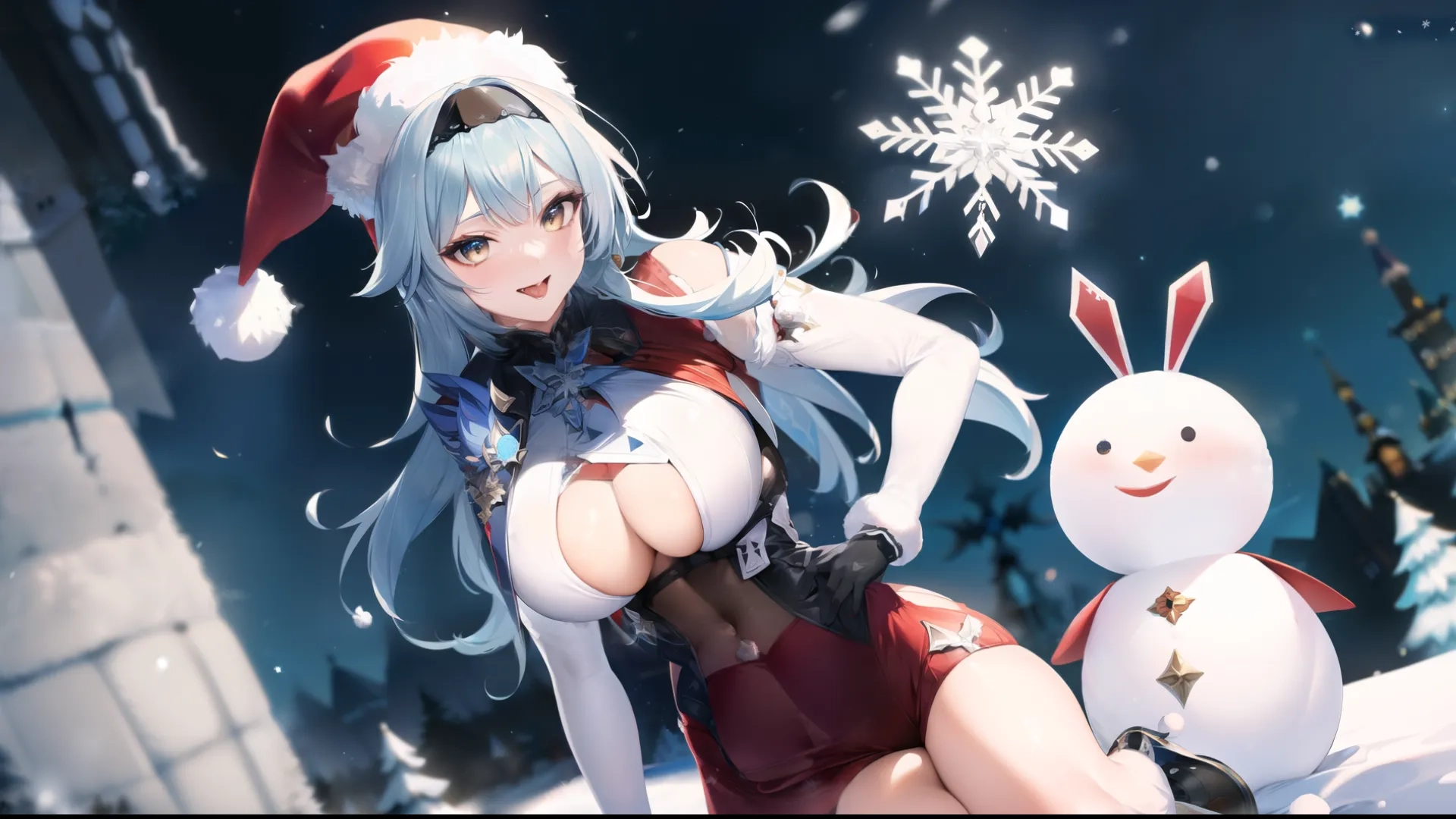 a sexy snow - covered girl holding onto a large snowman in front of her face, in a winter scene with trees and reindeer statues in the background
