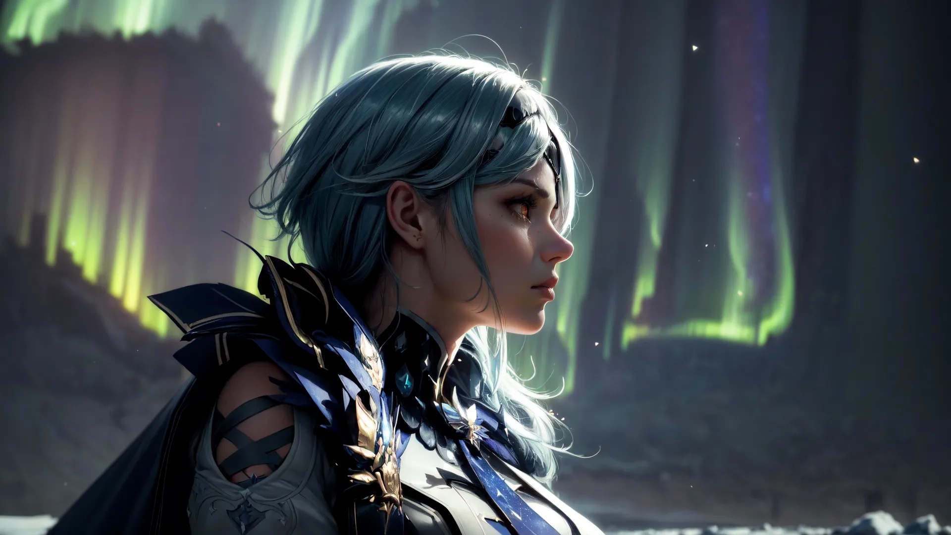 the anime's female is in futuristic dress, with purple hair and light gray hair she is looking at an auroral display above her head
