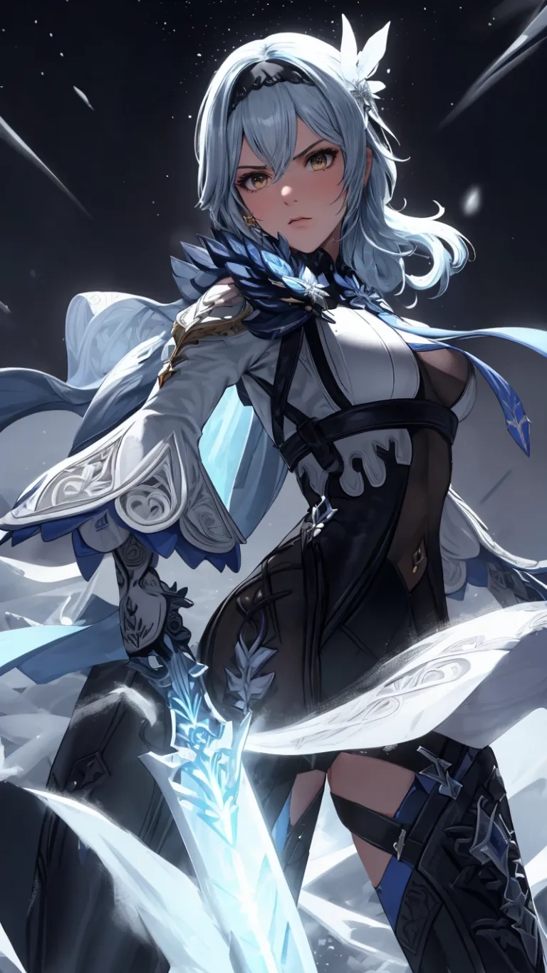 a person in armor holding a sword on an icy surface with many lights around them and snow in the air on top, which is not ascend

