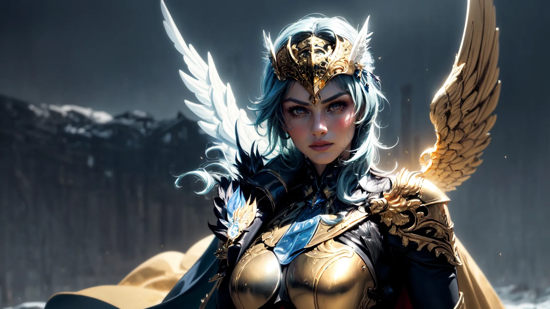angel with dark hair, wearing gold clothes and holding a sword on her hand and a large white eagle on her head next to the trees in the background
