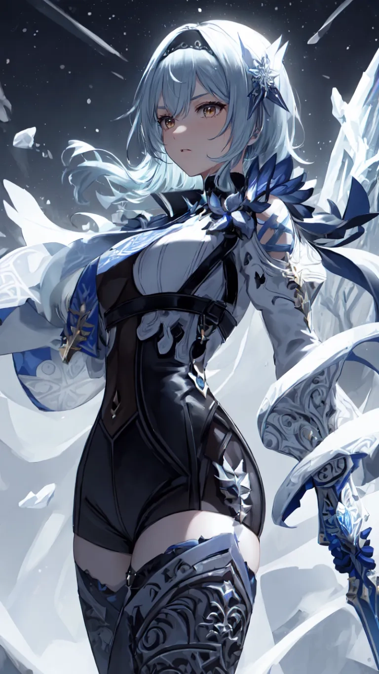 an anime girl in a blue outfit with a big gun behind her and her arm wrapped up with snow and ice around her, a long hair
