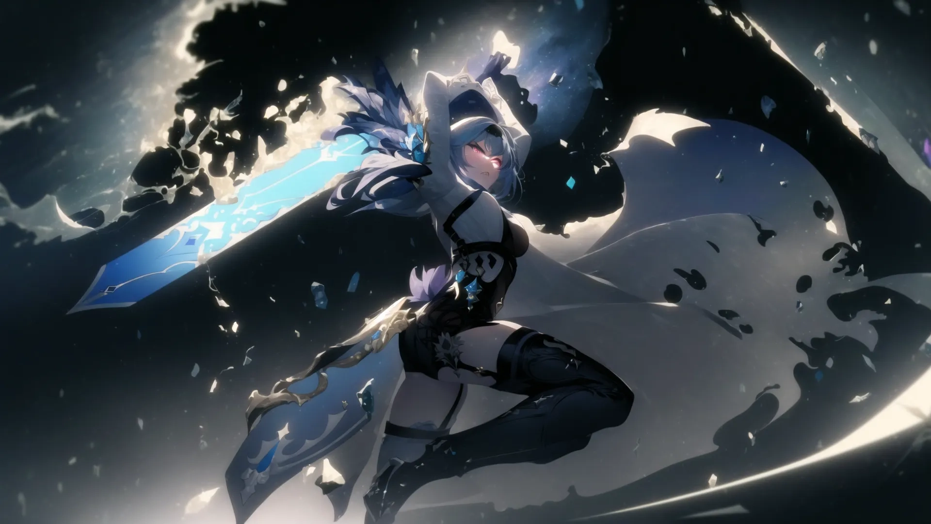 this is an image of an animated character holding a sword and a cloud behind her in the night sky and behind her, a full moon is an area that is with various smaller lights
