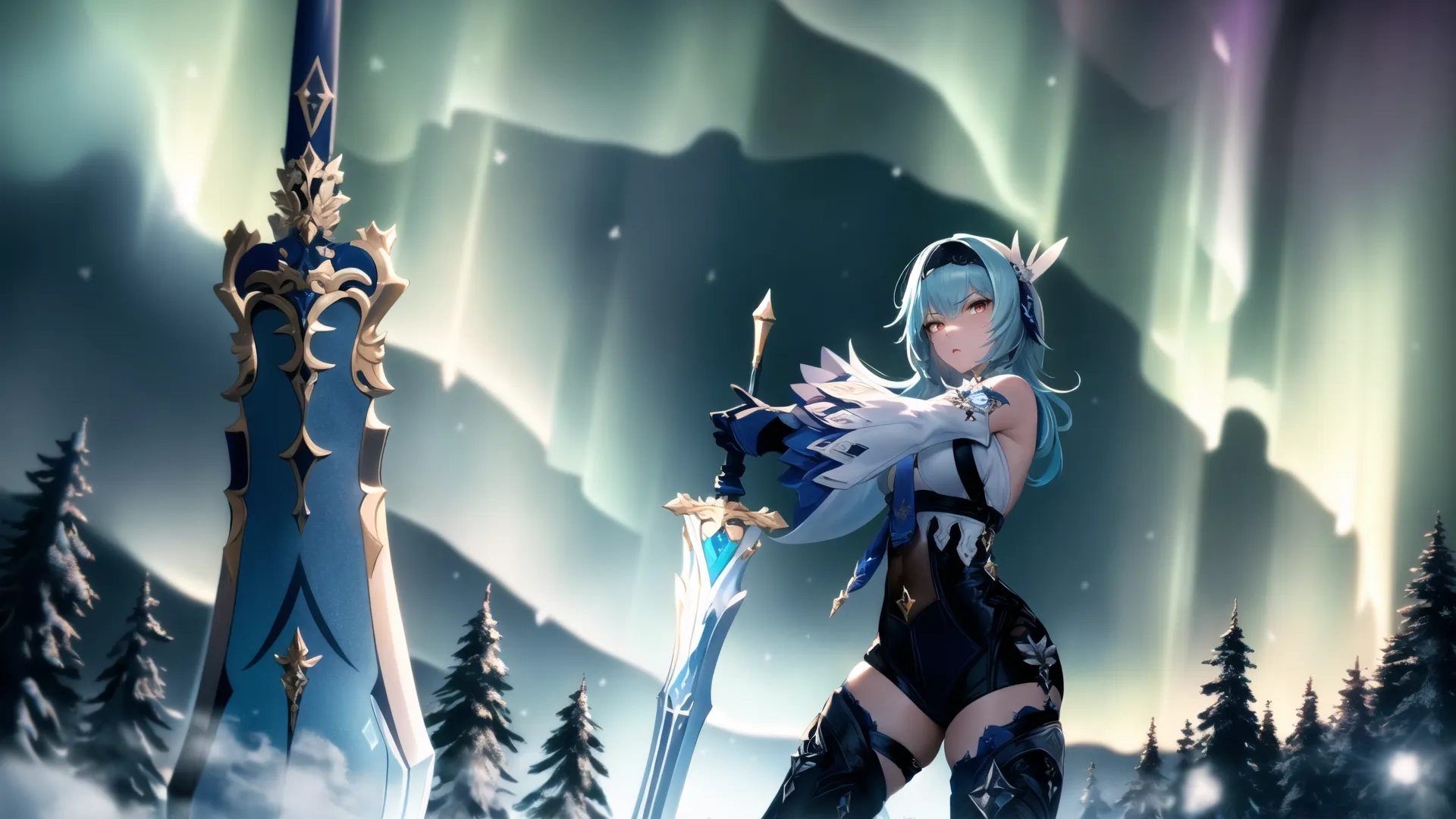 the anime character has just finished her next battle with three swords around her and a forest background behind her with trees, snow, and aurora lights
