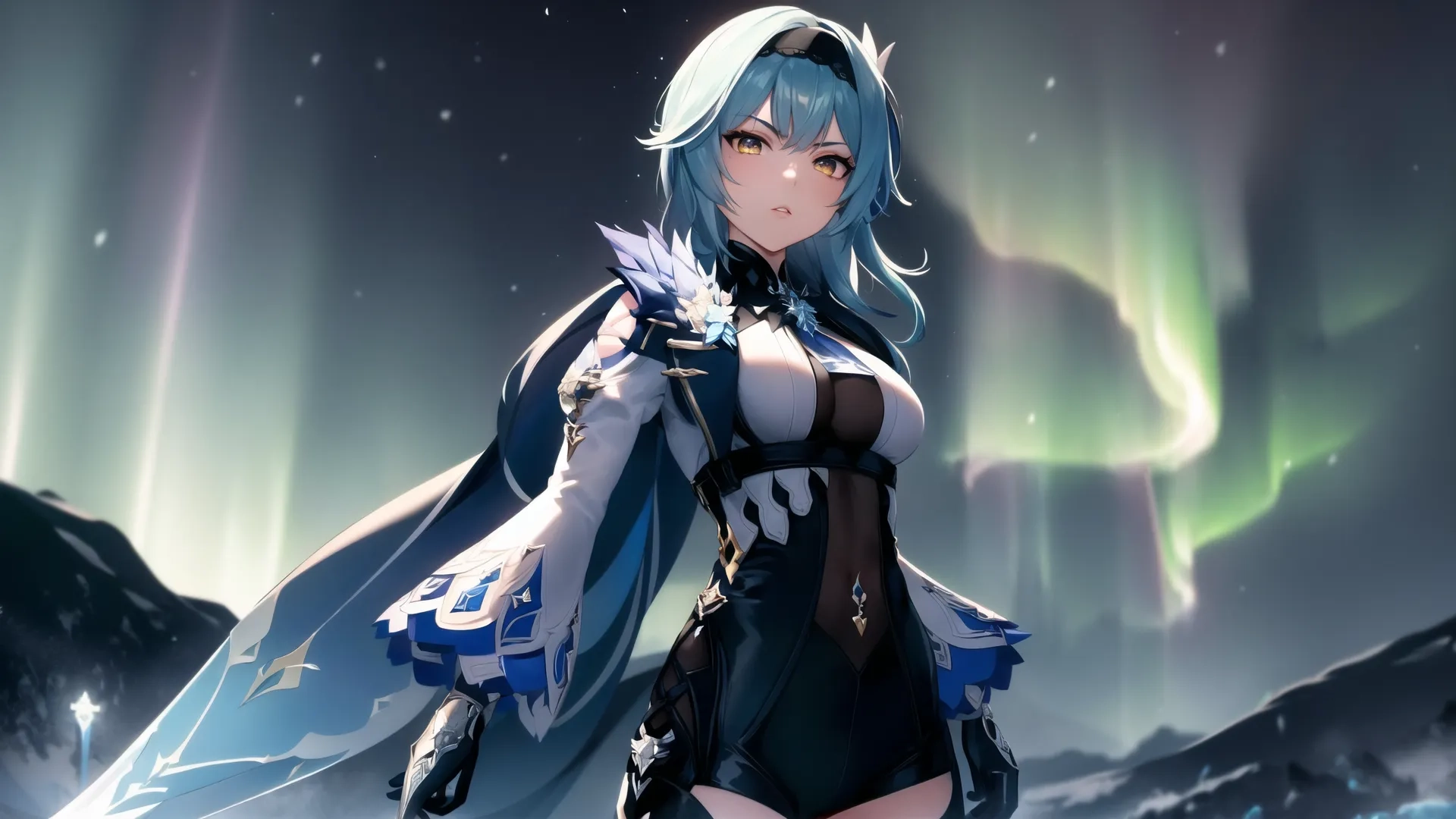 a very sexy anime girl with blue hair and ice surrounding her body with aurora lights in the background and snow dust on ground in the foreground
