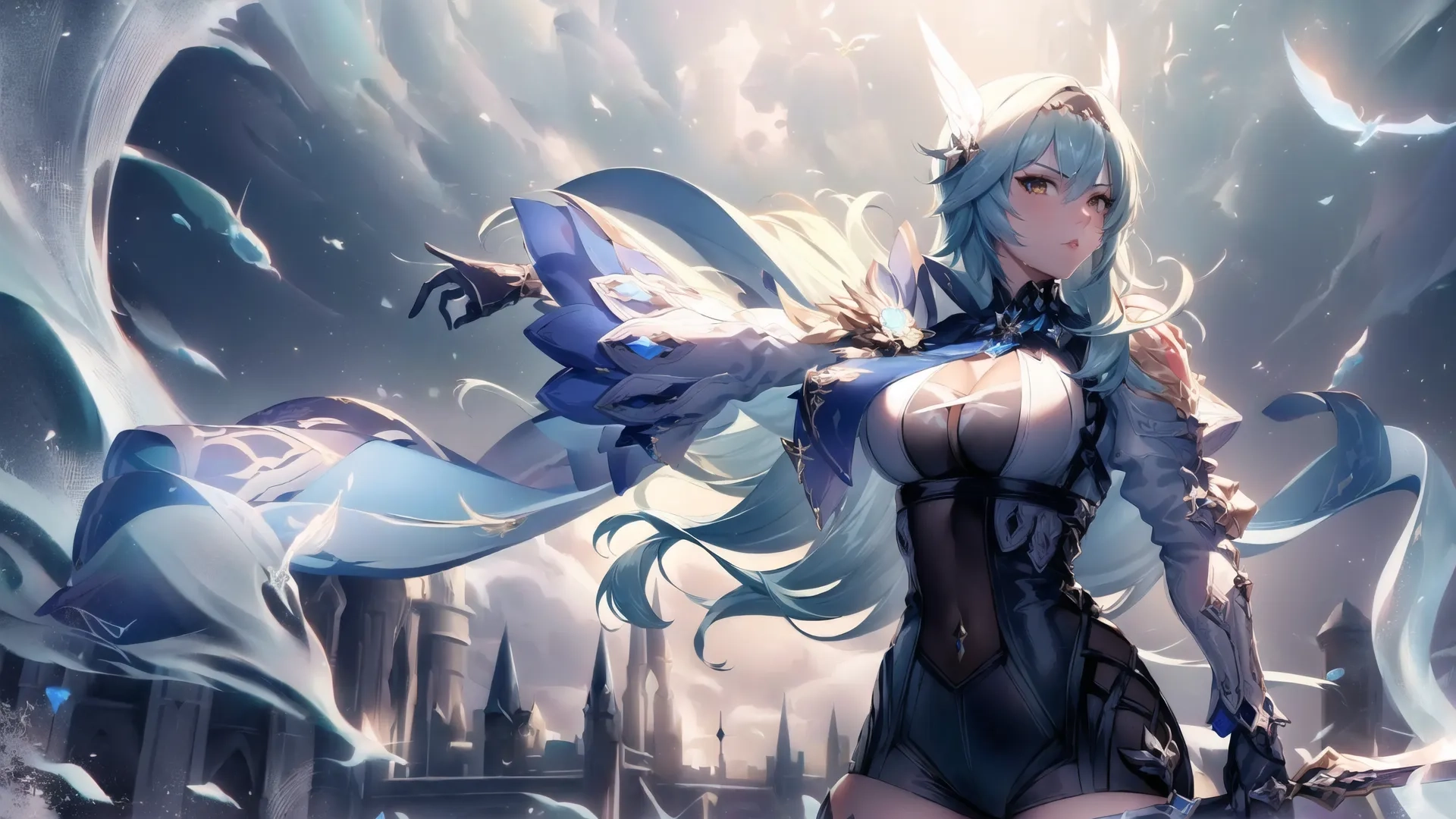 a female character in a sexy blue outfit near a city holding a sword and wings and birds flying around her arm, all near by her, are birds hovering around her
