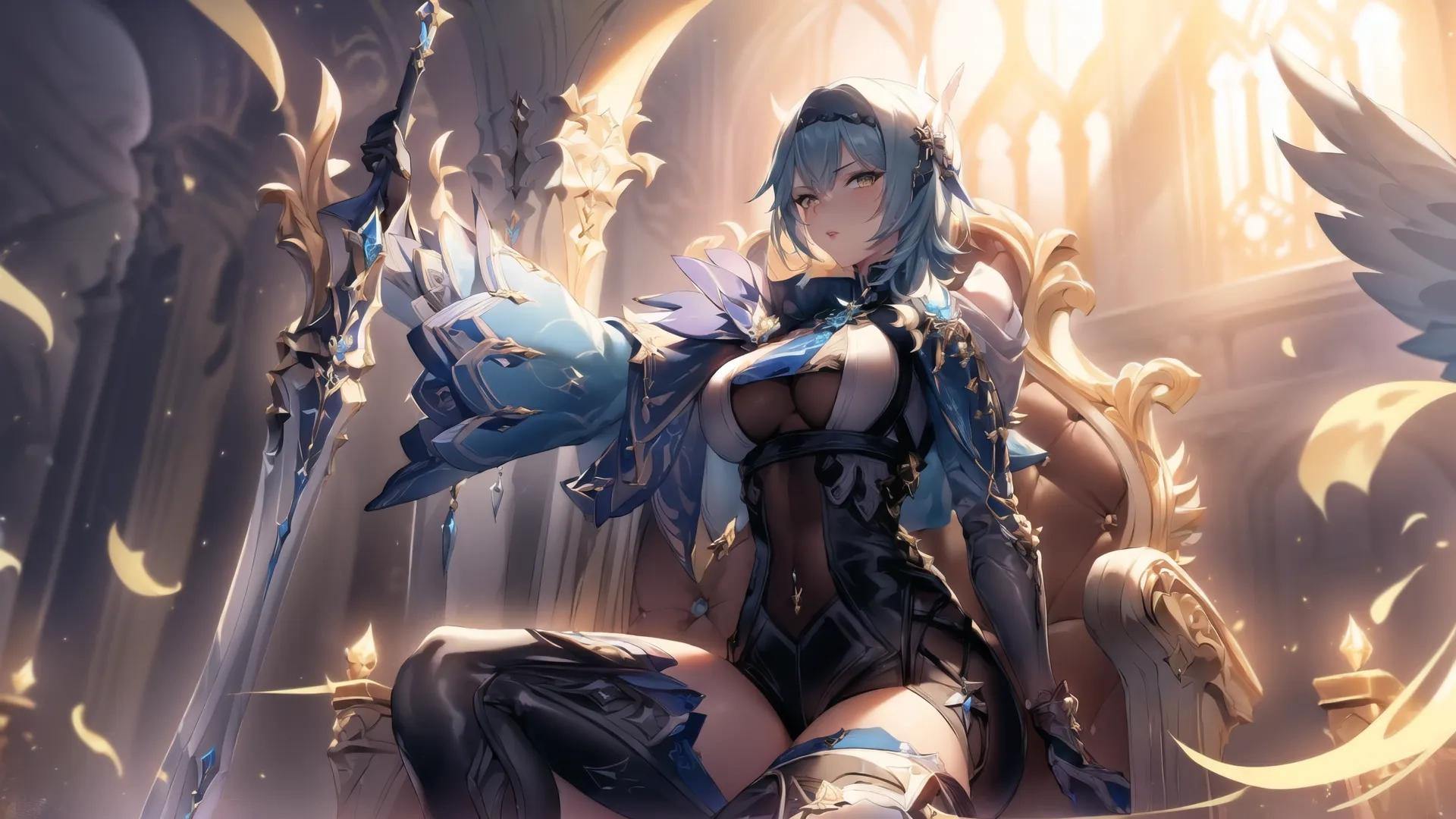 anime girl in a throne with wings above and a sword and flowers behind her seated and smiling for the camera, overlaid with artistic background lighting from other
