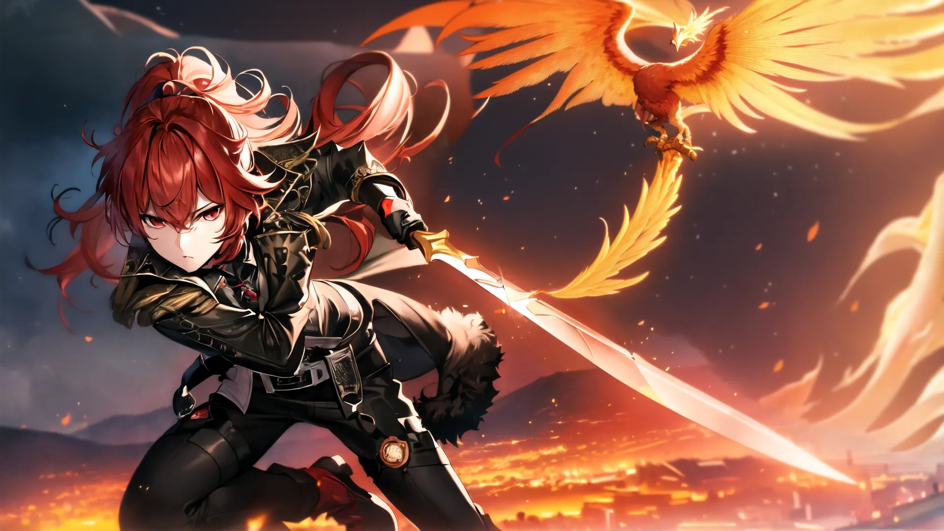 a woman with a large knife and fire bird in the background and city lights on a horizon, also with long hair, with fire flying from behind her hand,
