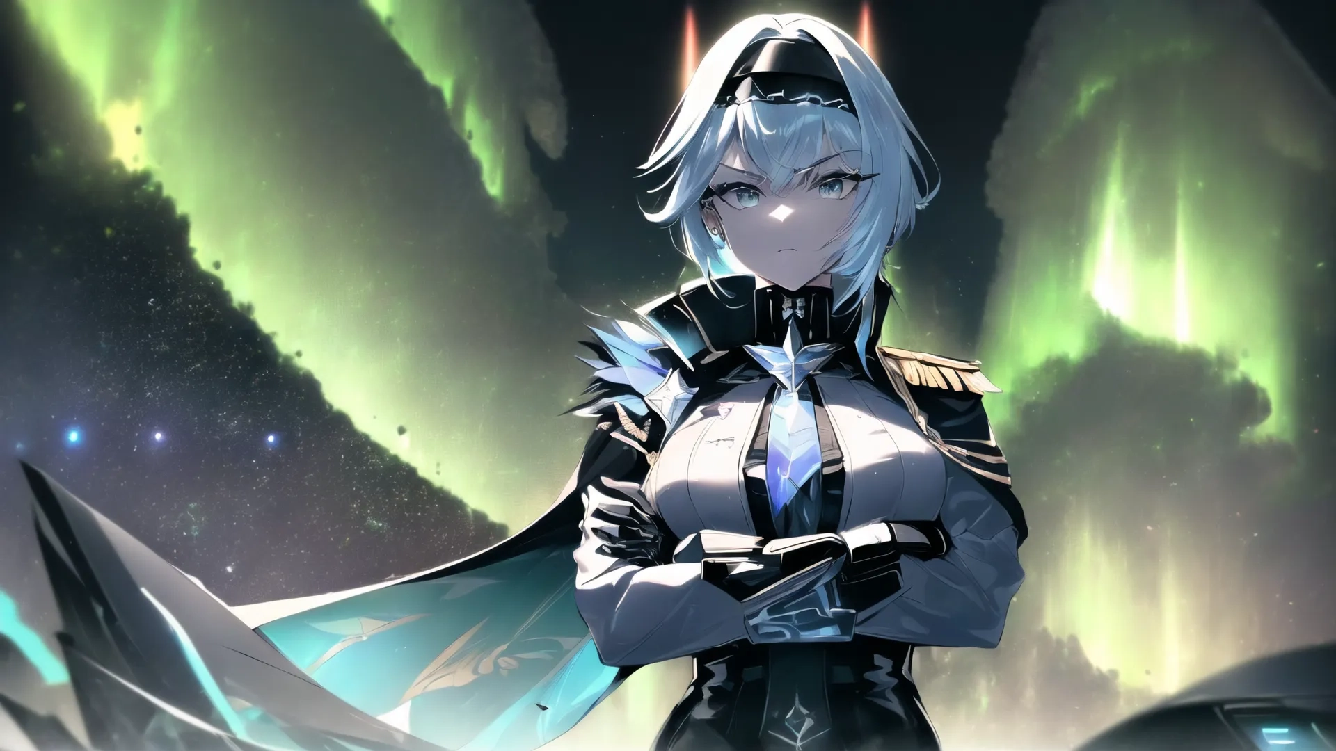 the anime character has her arms folded over her shoulder, and is standing next to an aurora light sculpture that matches it with other pieces of the ice
