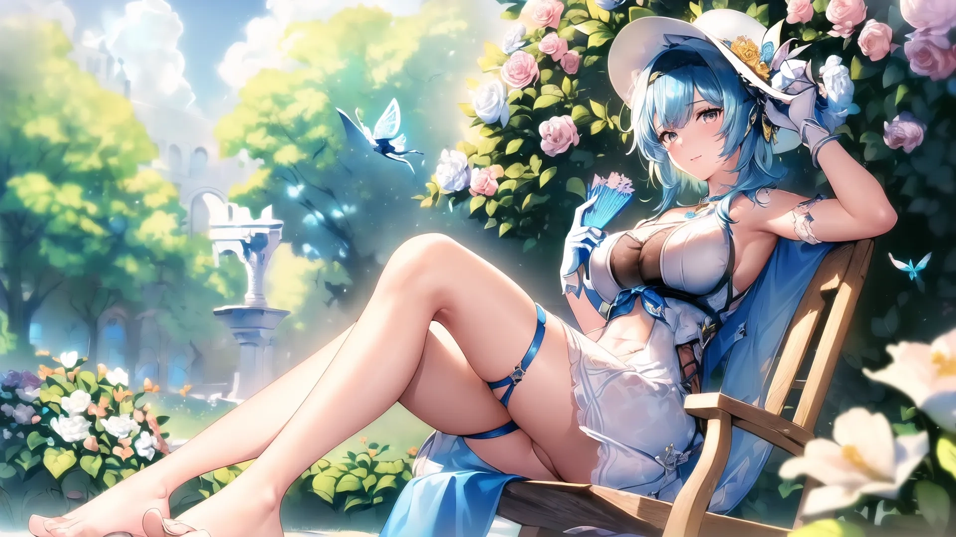 a woman with blue hair and bikini shirt in a lawn chair outdoors surrounded by flowers and birds watching from her knees and holding a drink glass of water
