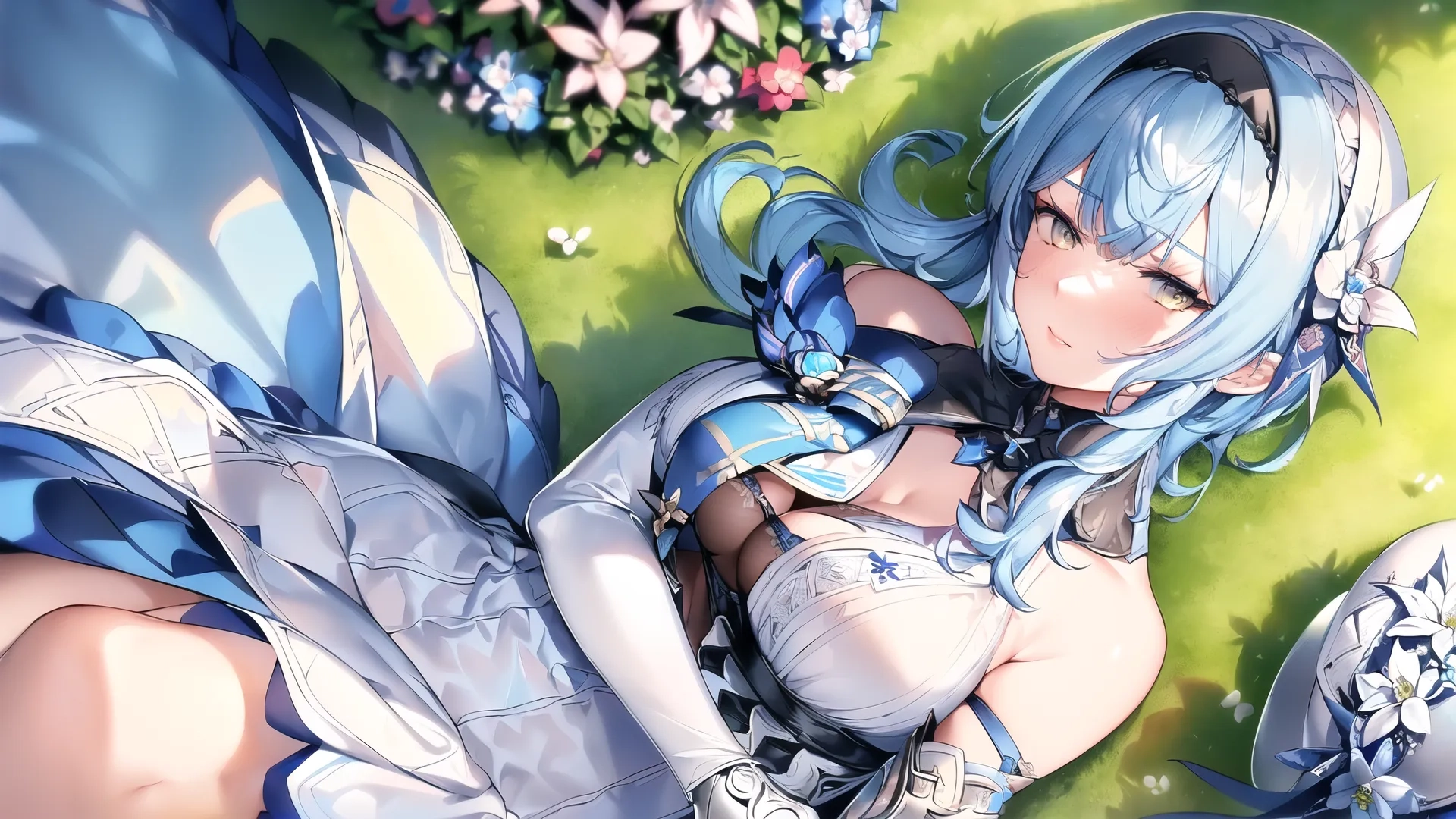 a blue haired anime girl laying on a ground next to flowers and greenery looking at something very good to do in her eyes and her right
