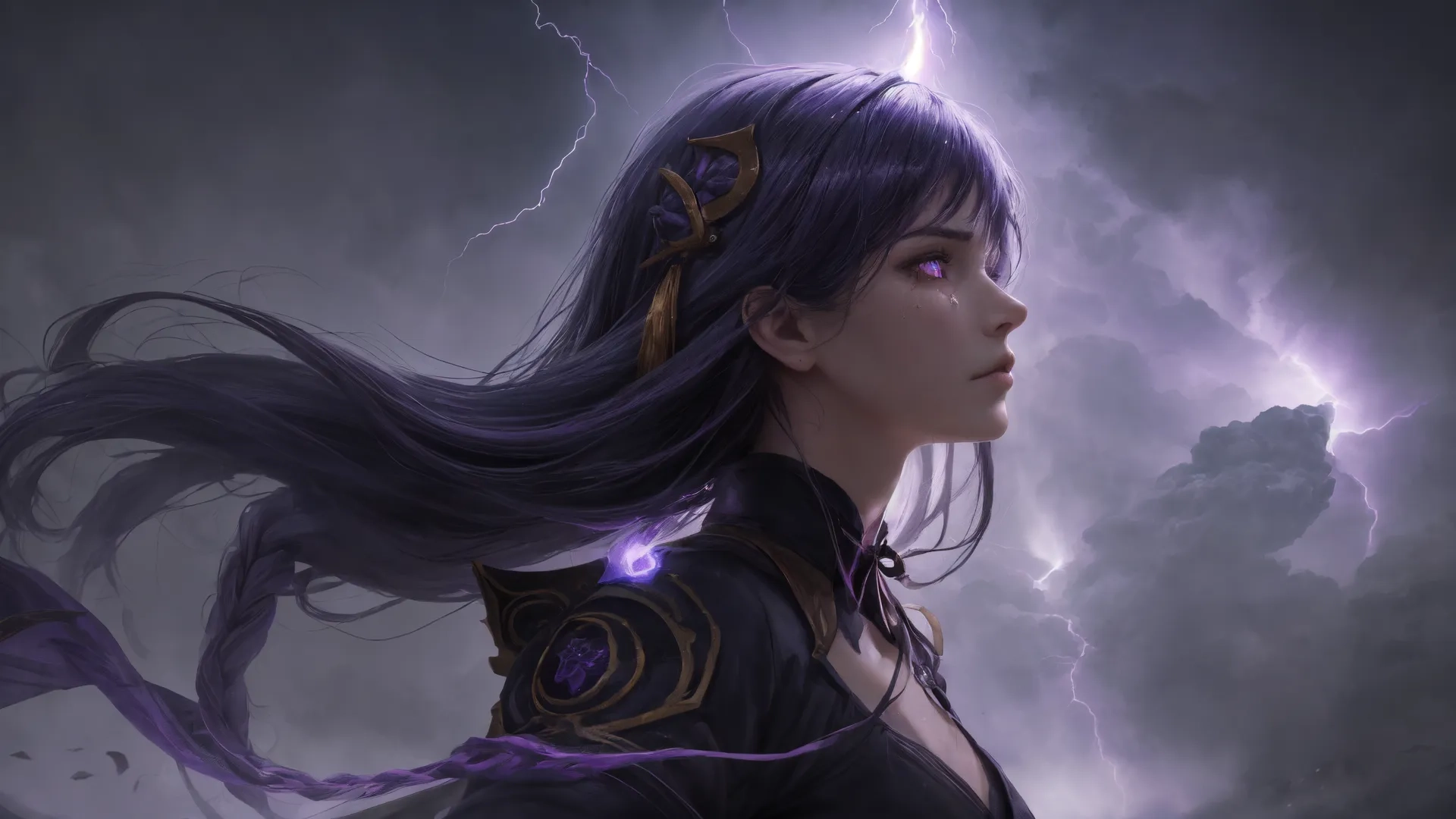 a female with purple hair and a lightning theme on the face next to clouds in front of her and lightning in the back ground and trees in front
