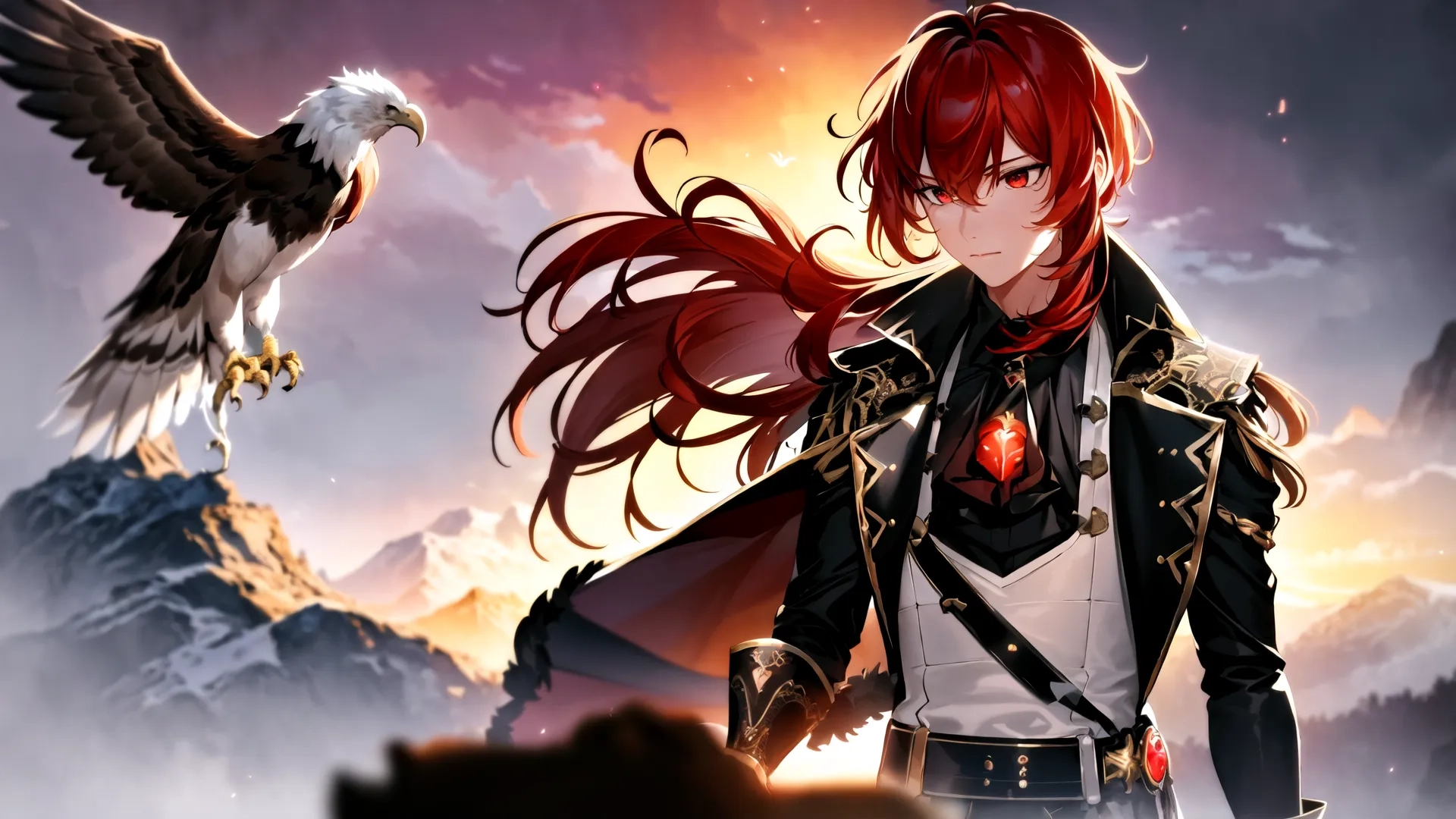 a woman with red hair holding an eagle as an eagle looks on from behind her side standing in front of a cloudy mountain range with clouds and orange skies
