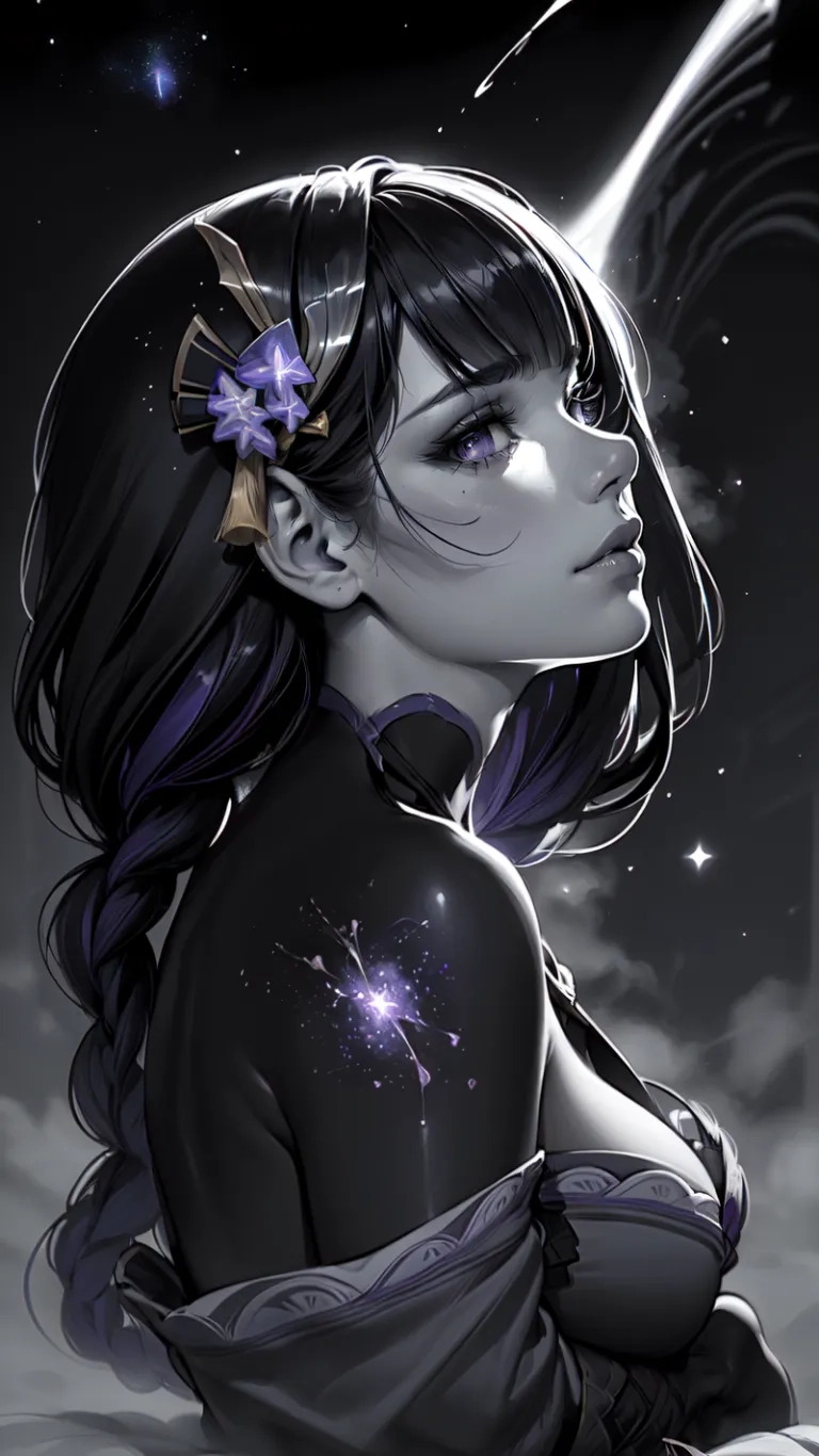 a woman with black hair, wearing a dress and holding a flower in her hand, surrounded by clouds and stars that look like lightnings in the night sky
