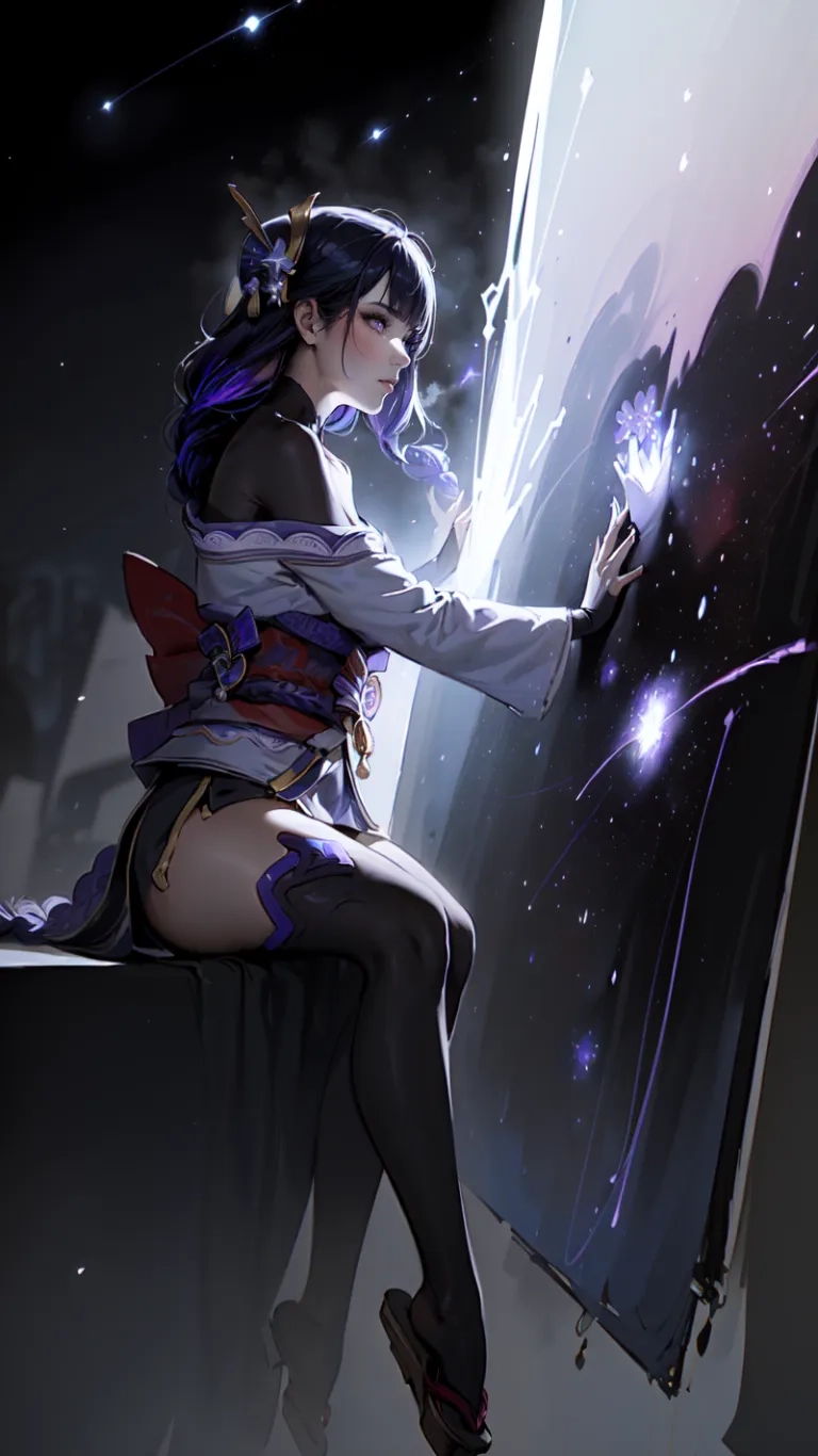an anime woman in a dress staring into a mirror and touching the glass with it's reflection reflecting her body in black and purple colors on a white background
