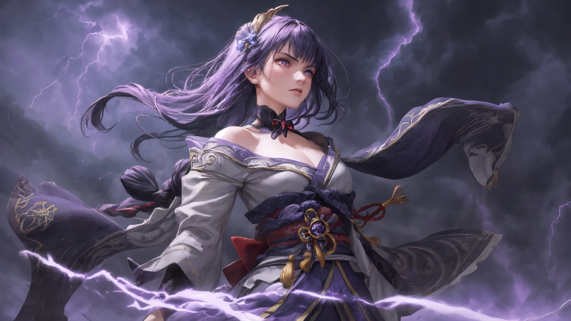 a anime characters sitting on a bench under a cloudy sky full of lightning and bolts, while holding a sword in her hand, surrounded by other characters
