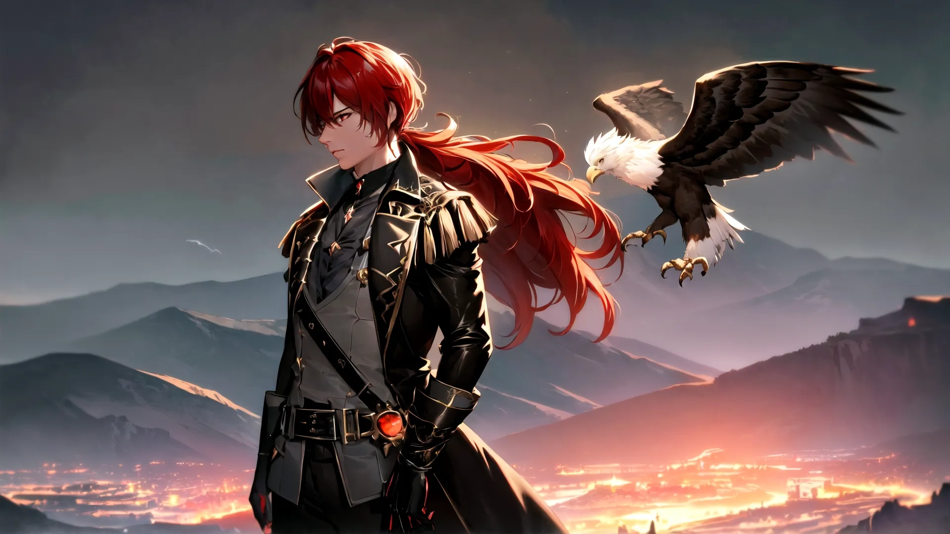 a person with red hair standing in the desert next to a bird flying high above them and mountains in the distance in background on a blue hued
