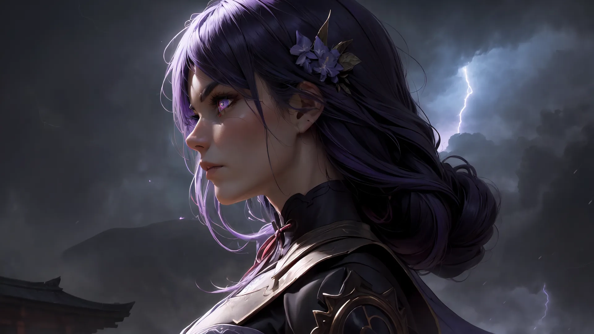 the young woman is holding her weapon on a stormy background, and has a purple hair in front of her face with lightning clouds above and mountains in the sky behind her
