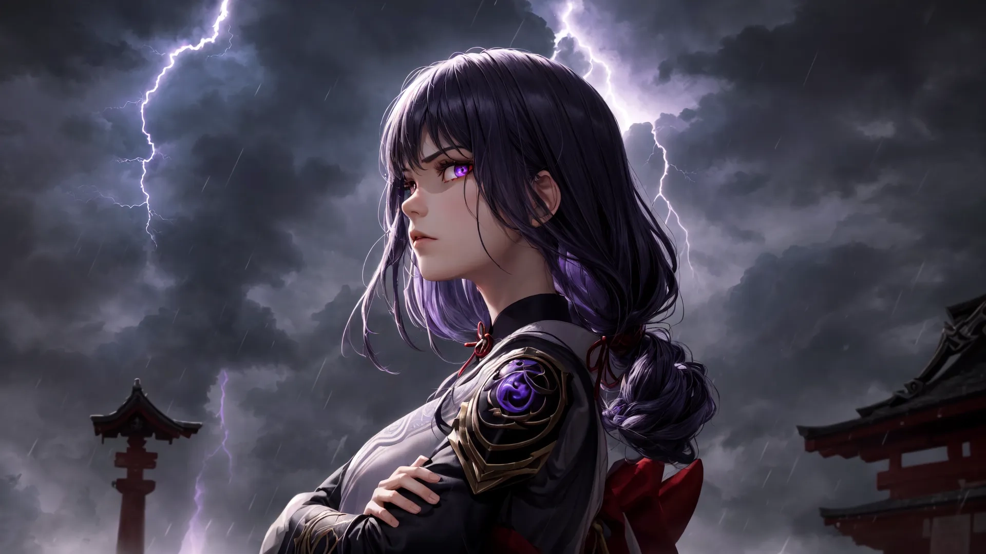 a young female knight standing in front of some building under a cloudy sky with lightning coming down behind her and two purple eyeballs on the back
