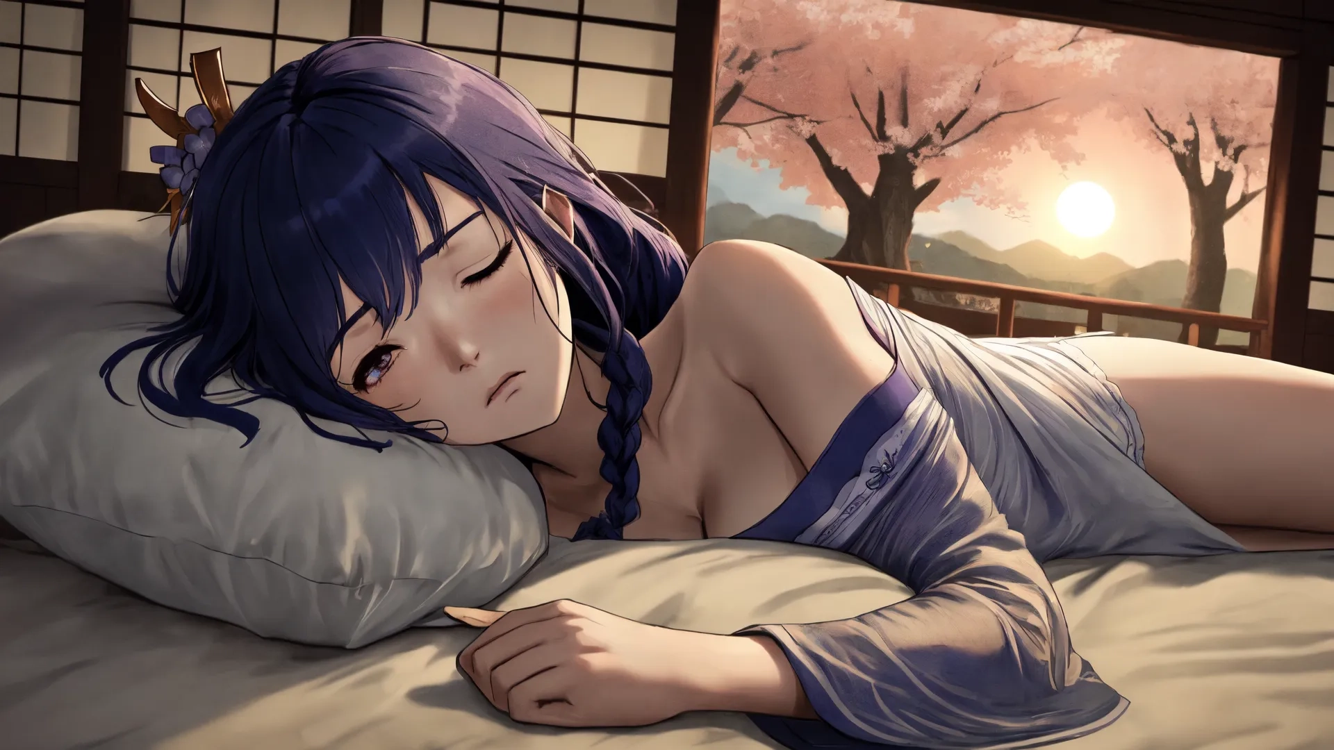 anime girl laying on a bed with pillows in front of windows and a tree outside of the room, with a blanket around her and pillows on the side to the floor
