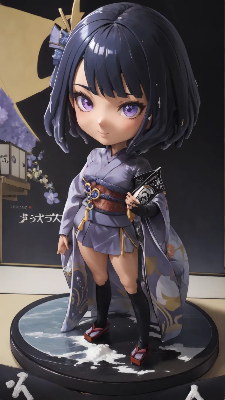 the doll is looking at something in the picture and its costume has been printed on it, a little girl holding an empty sword, with long purple hands

