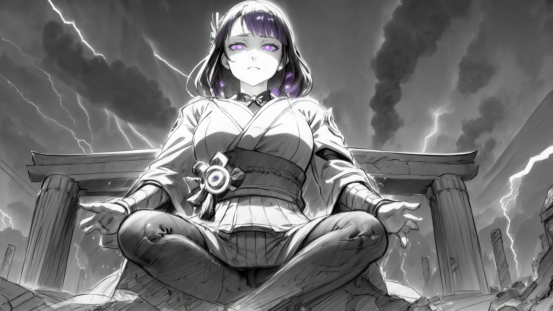 a woman sitting in the middle of a stone bench with lightnings above her and buildings in the background behind her are clouds of smoke and some kind of rain
