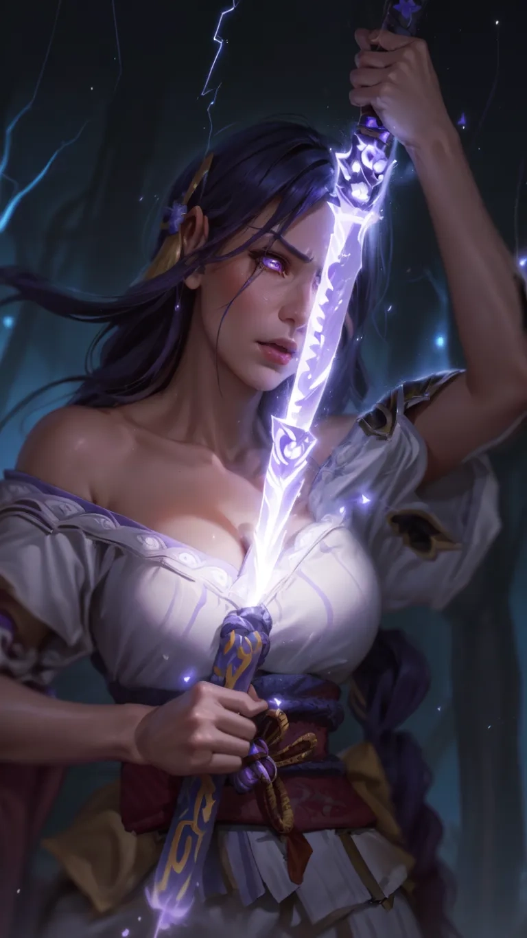 a beautiful woman with long hair is holding a sword and some lightning trails on her wrist, standing with a lot of light around her body and arm
