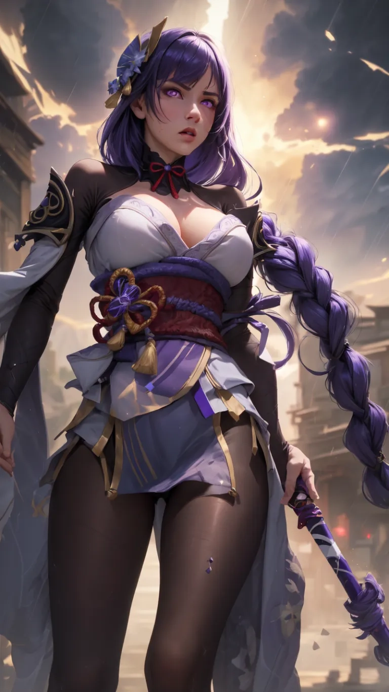 a character in an armor costume in a street scene, with long purple hair and a long dress with black sleeves around her chest and brown ears
