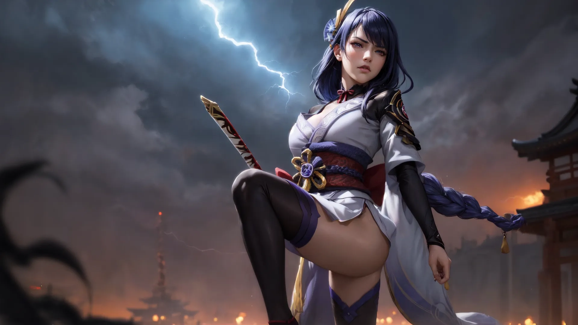 a anime woman with purple hair is posing in front of a temple at night, on fire lights she has short blue hair and blue hair that is lightning
