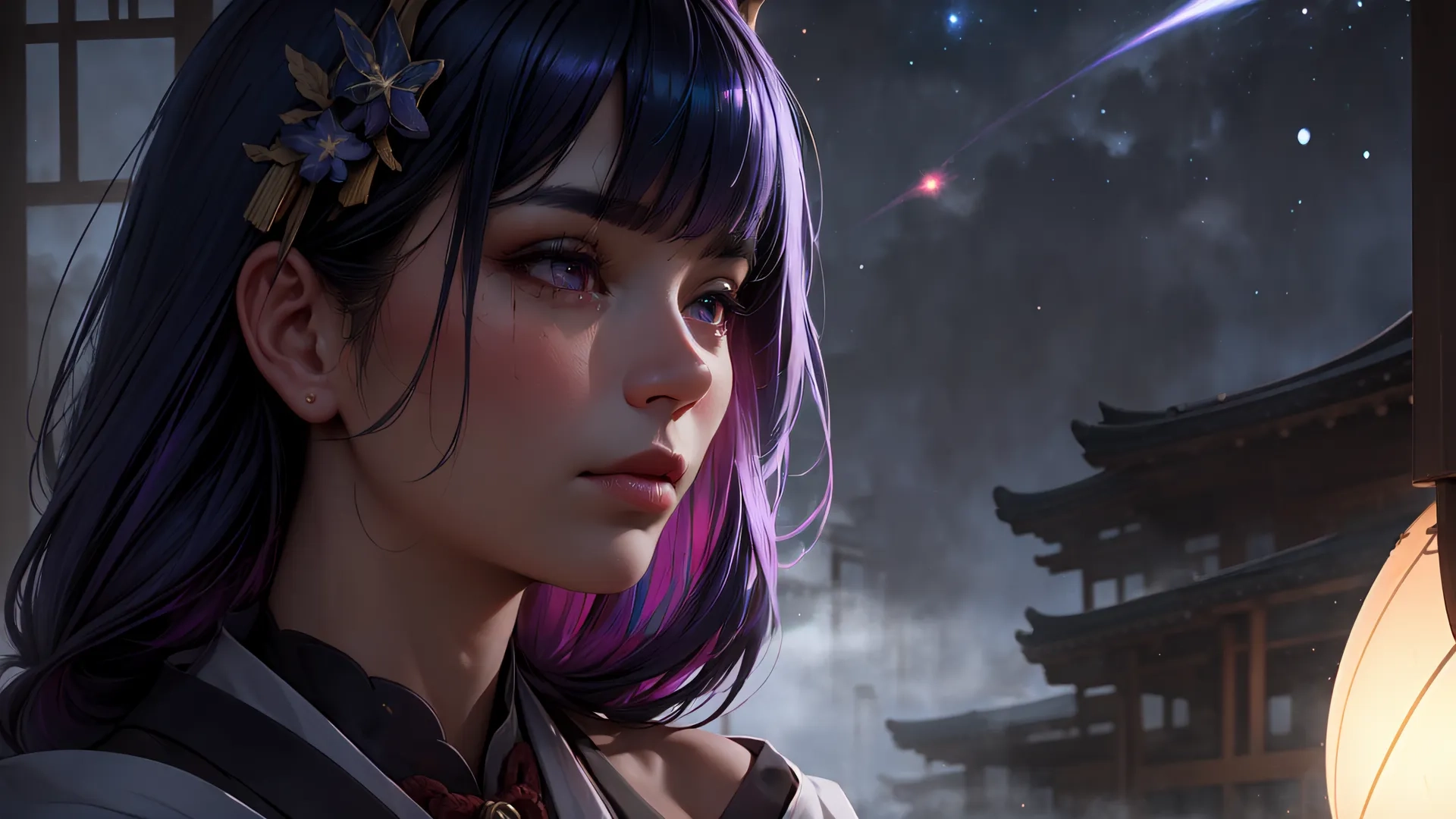 a girl dressed up with purple hair holding an umbrella in front of an oriental structure and a full moon in the distance on top of it, and a starry sky
