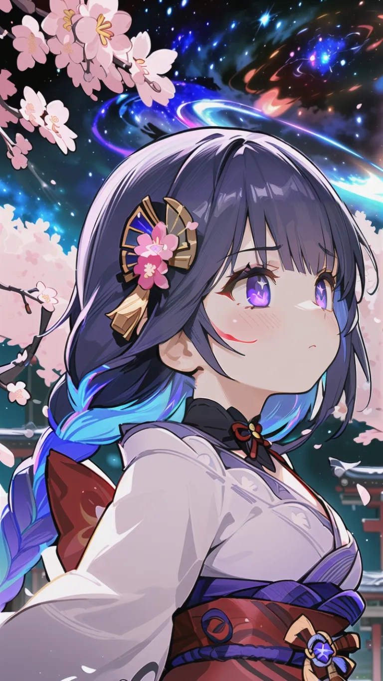 anime girl with blue hair and bangs with cherry blossoms in her hair sitting on a rail at night time near cherry blossom - looking at the moon - like space
