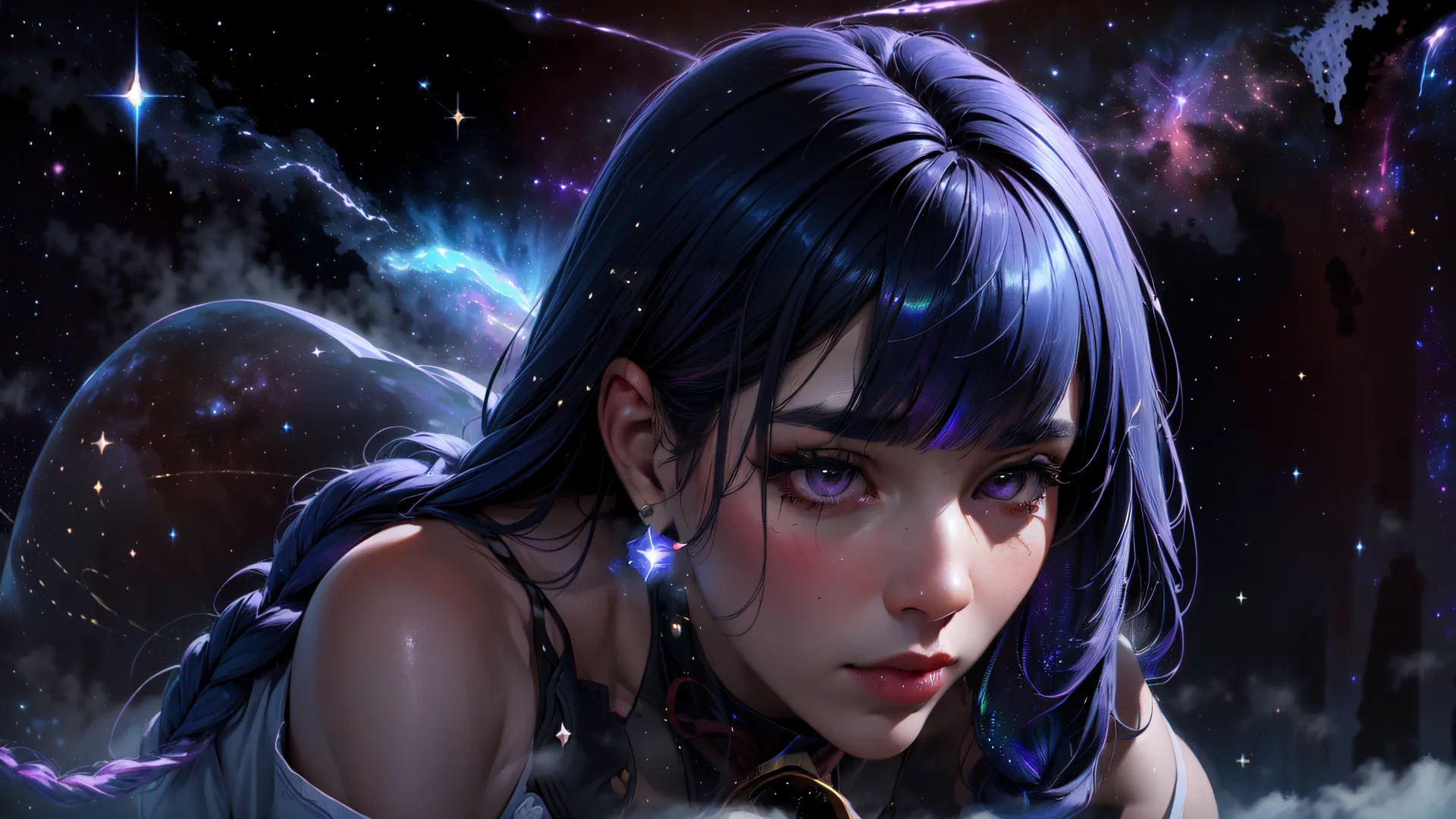a girl sitting in the snow holding onto an open box of gold bars and stars on the background with some night city lights also visible above her
