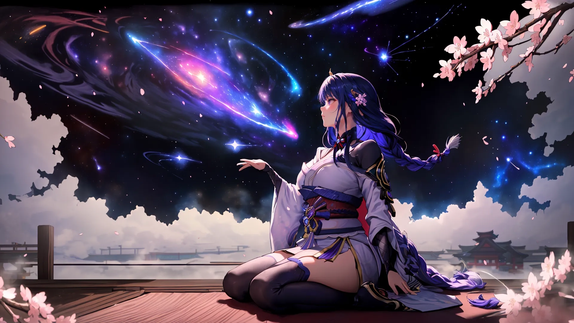 a woman who is sitting on top of a floor looking at something while wearing a purple outfit and holding a black wand, looks at the sky
