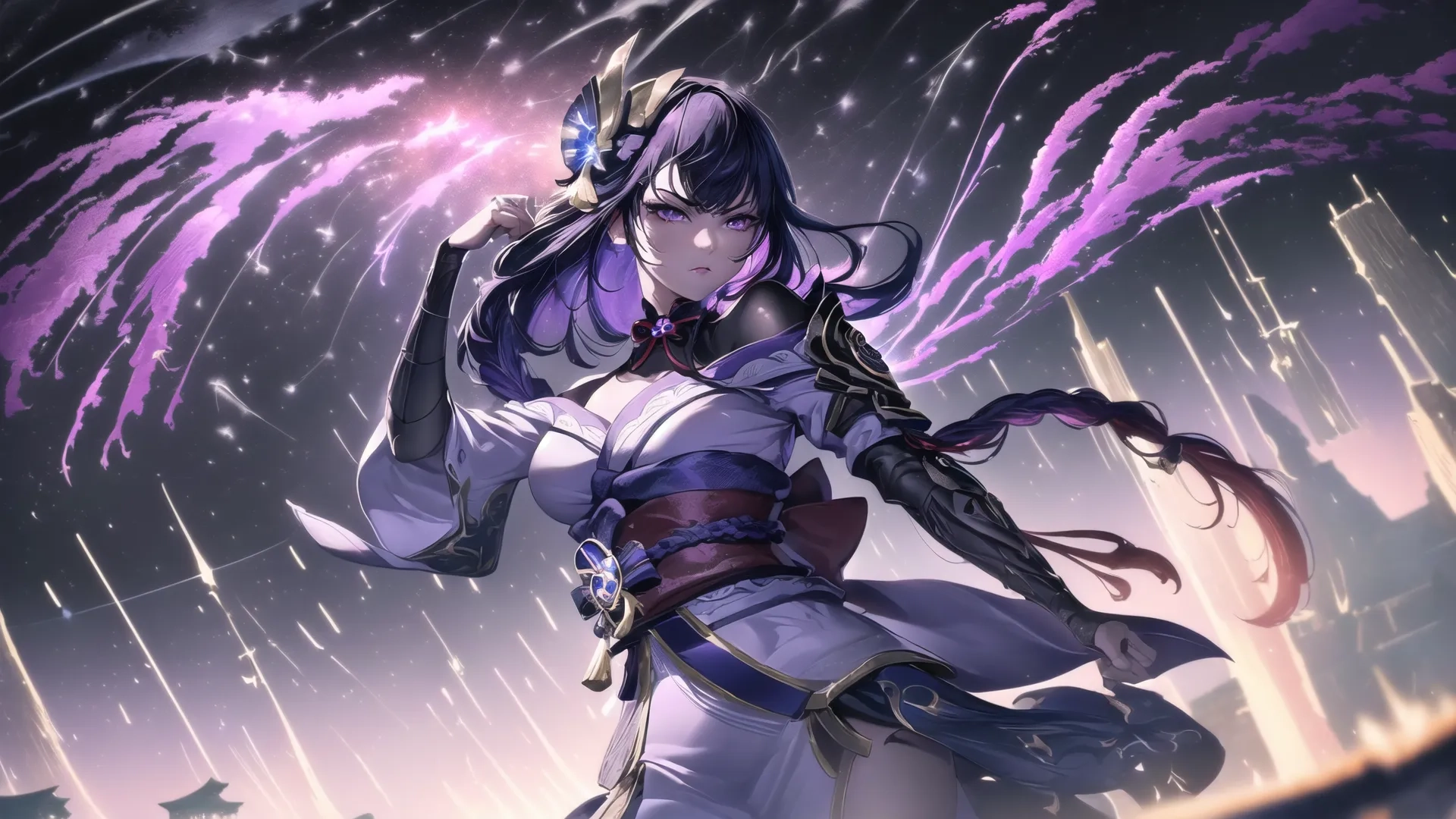 girl standing on a dark city at night and throwing smoke in the wind and stars behind her she has long purple hair she is wearing a uniform with one hand
