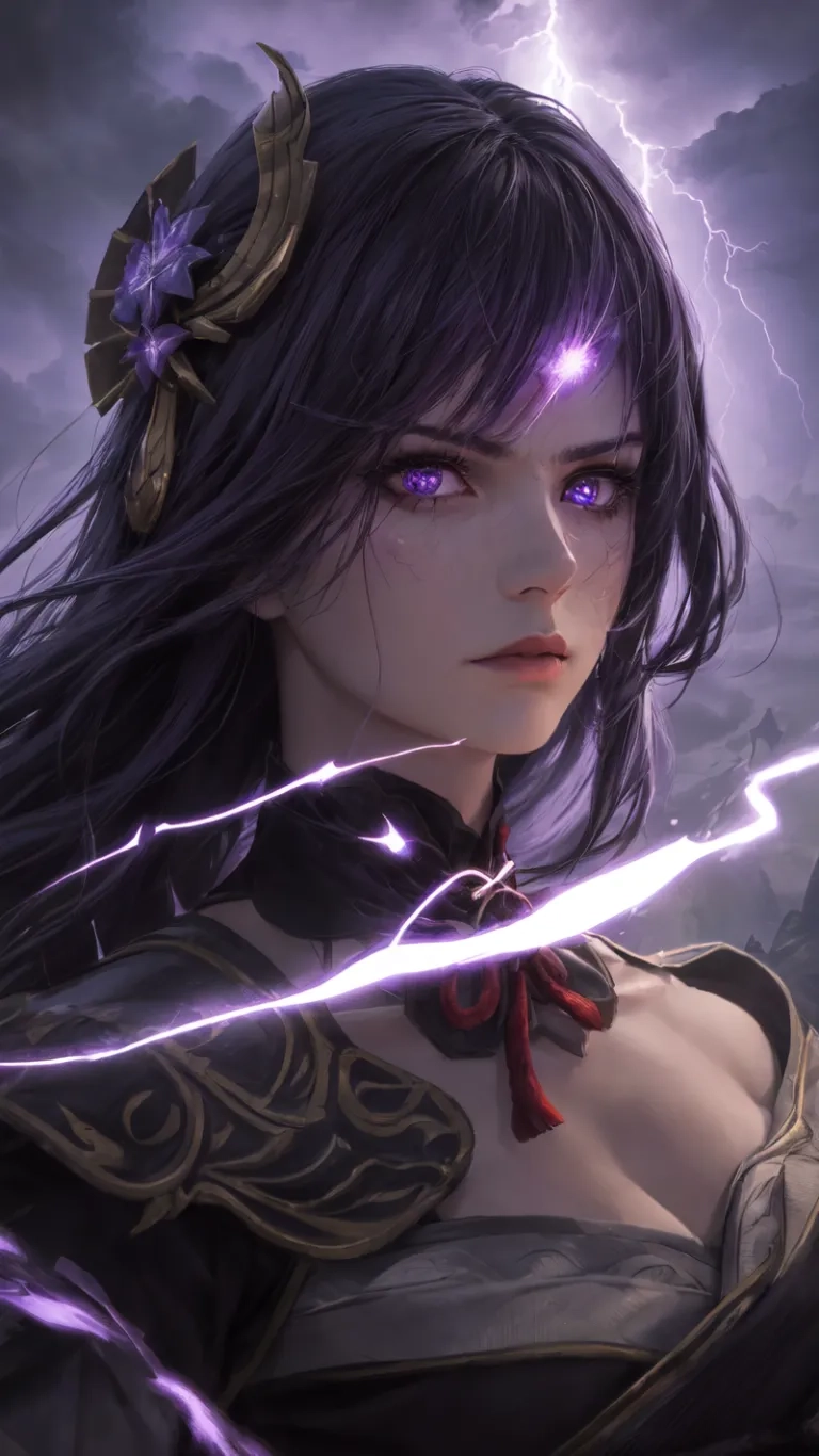 an art depicting the character of lady warrior in armor and purple lights in her hair, on a windy background that is full of rock and clouds
