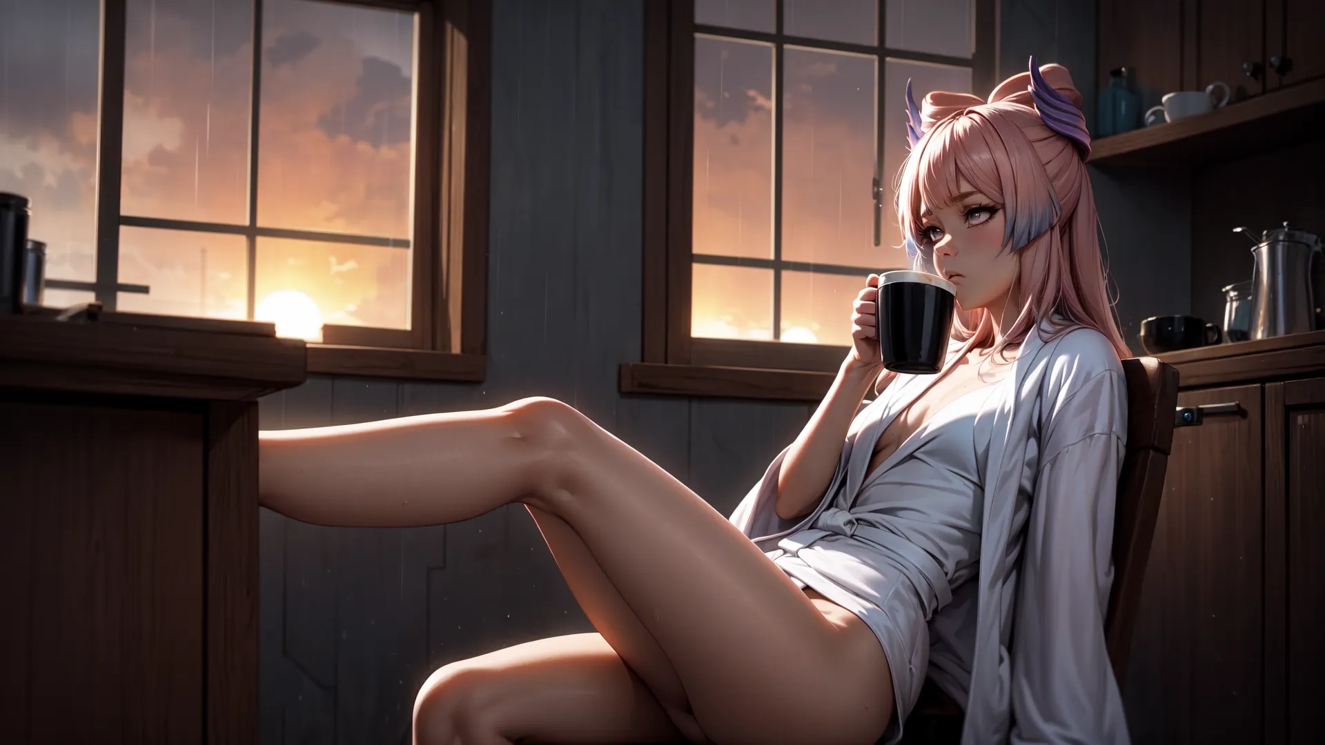 the woman is sitting beside the window drinking from a cup and a mug in her hand, with sunset out of the window behind her is reflected
