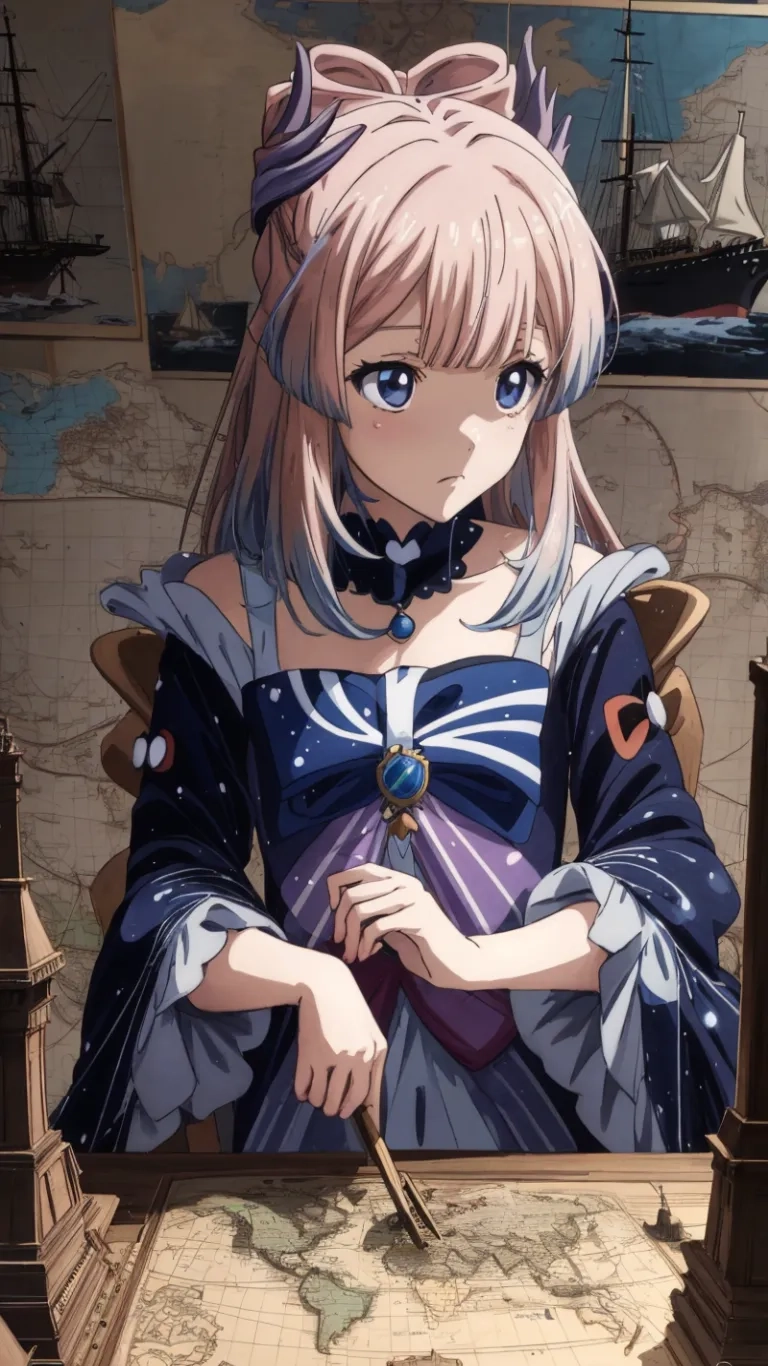 this anime character shows off her blue eye makeup as she holds her steering wheel and looks forward at the viewer near a large map on the wall
