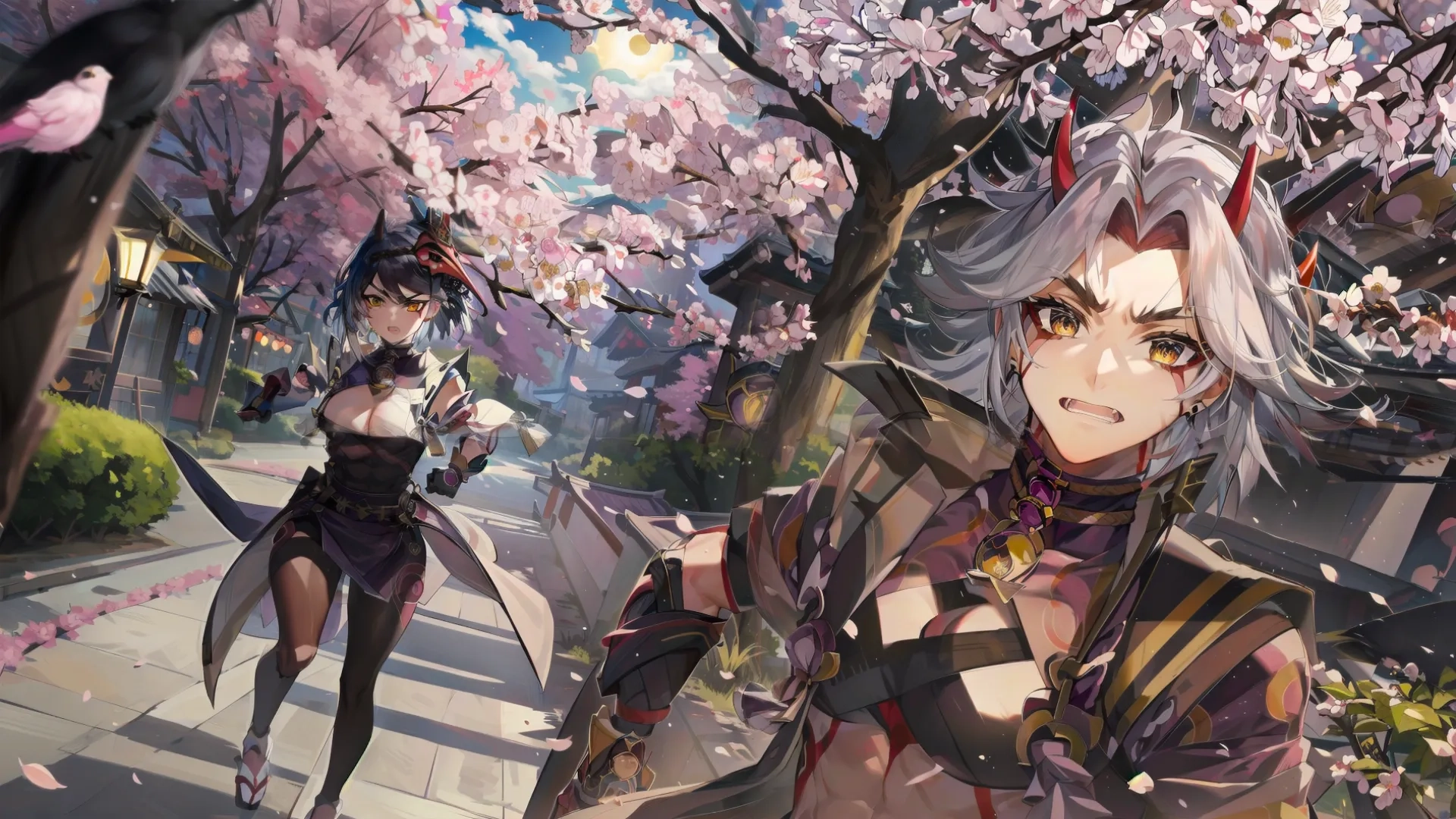 two anime - style girls walk on a city street, facing each other in blooming cherry blossoms all around them together and a woman with hair
